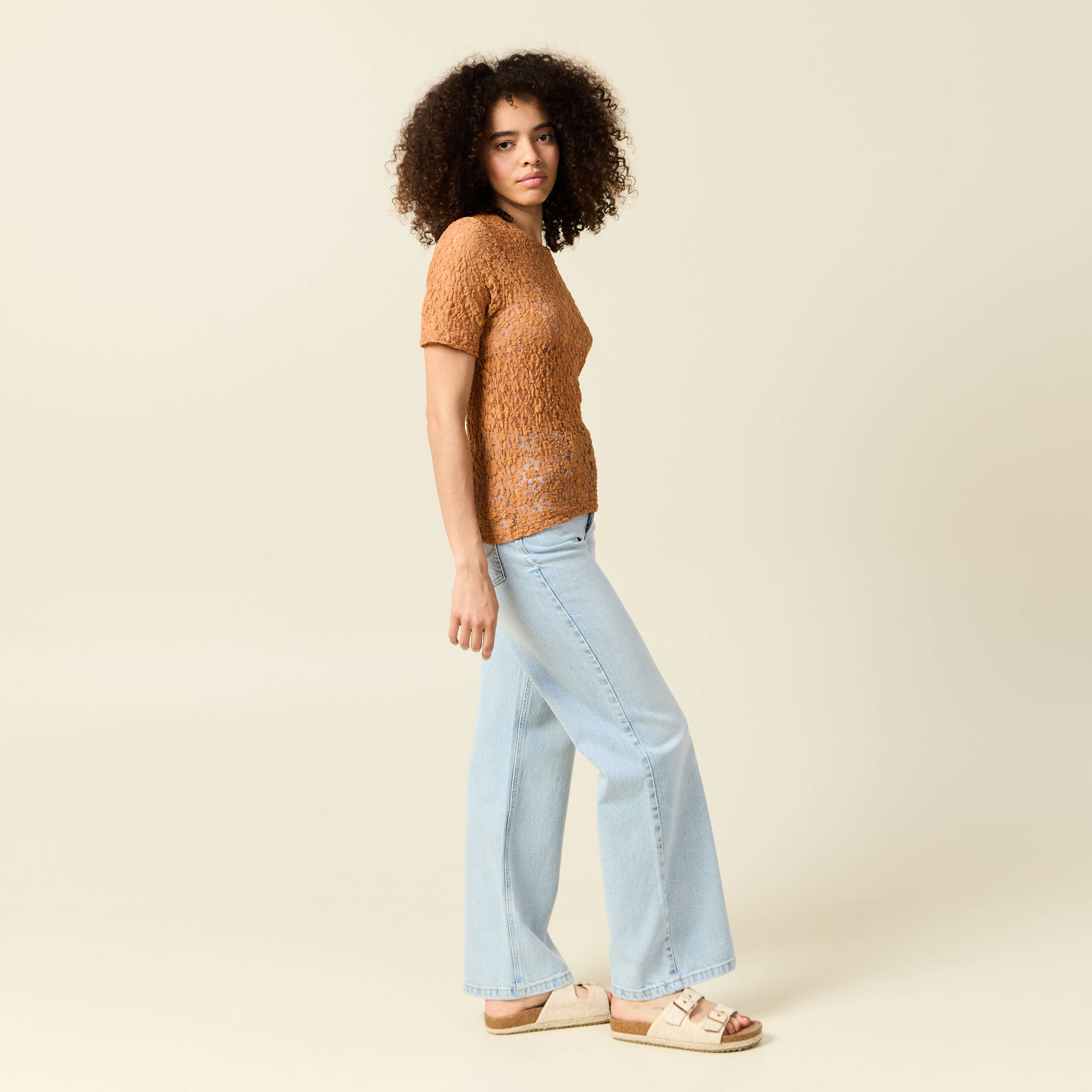 t shirt cintre col rond dentelle terracotta femme T-shirt cintré col rond dentelle terracotta femme