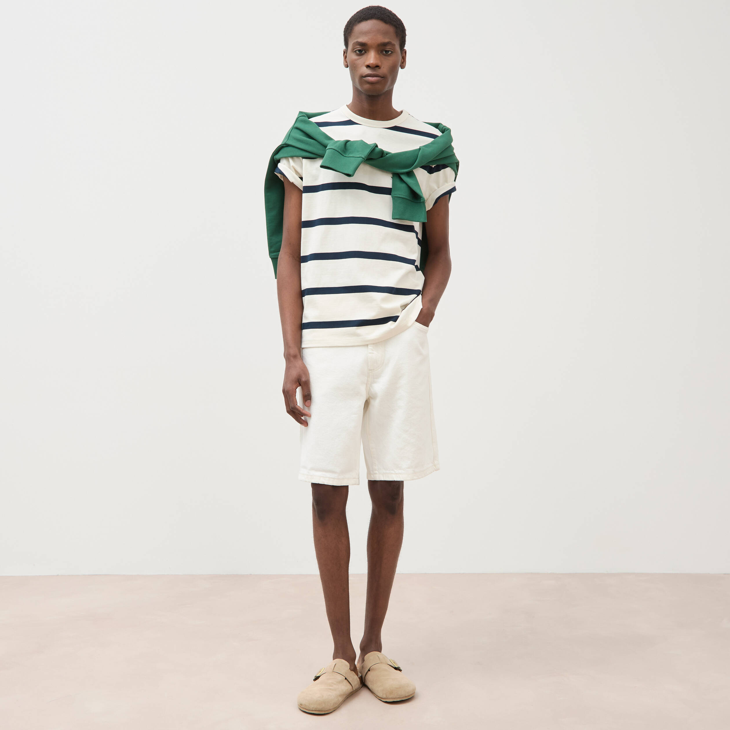 T-shirt col rond manches au coude ecru homme
