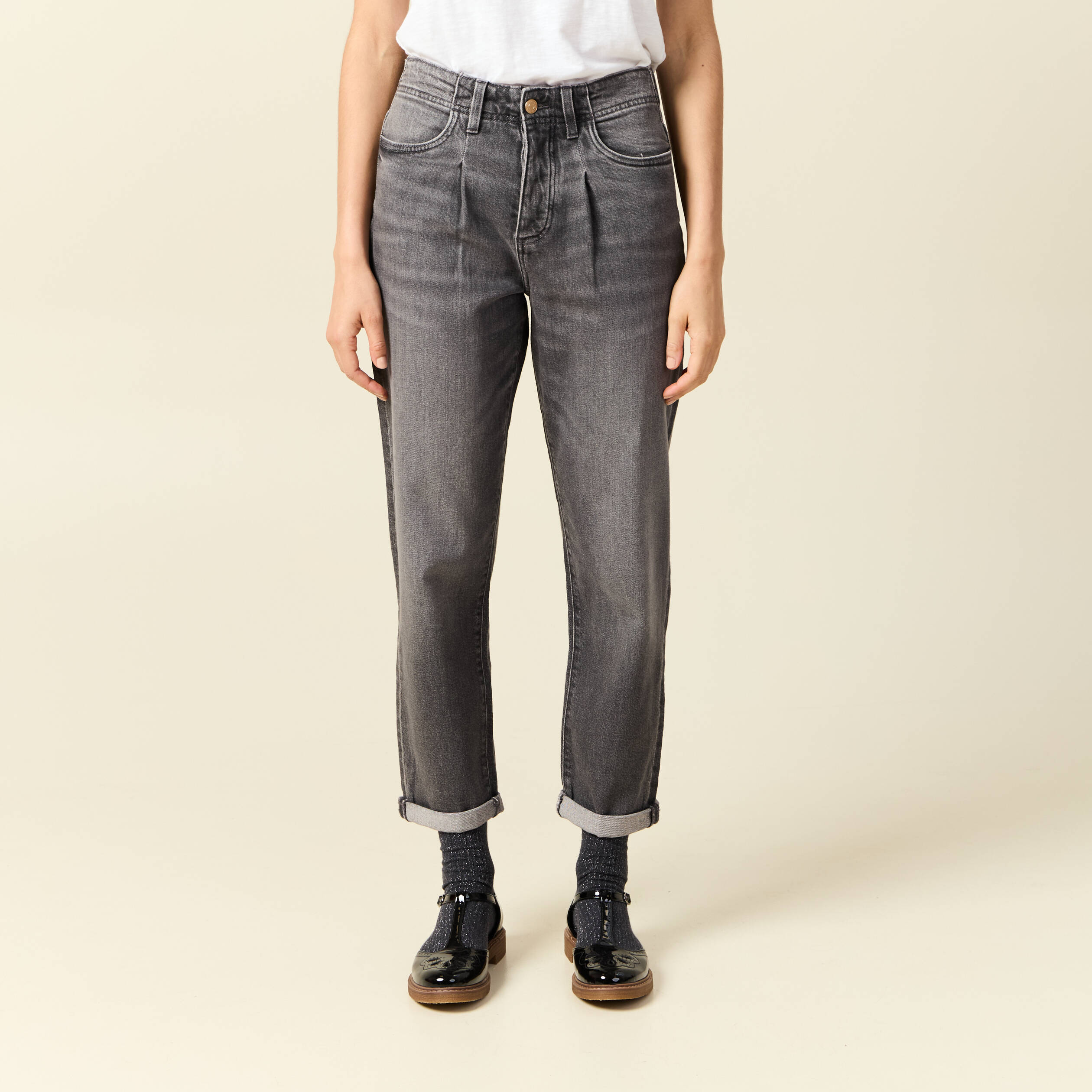 Pantalon mom taille haute 7/8&egrave;me denim denim gris femme