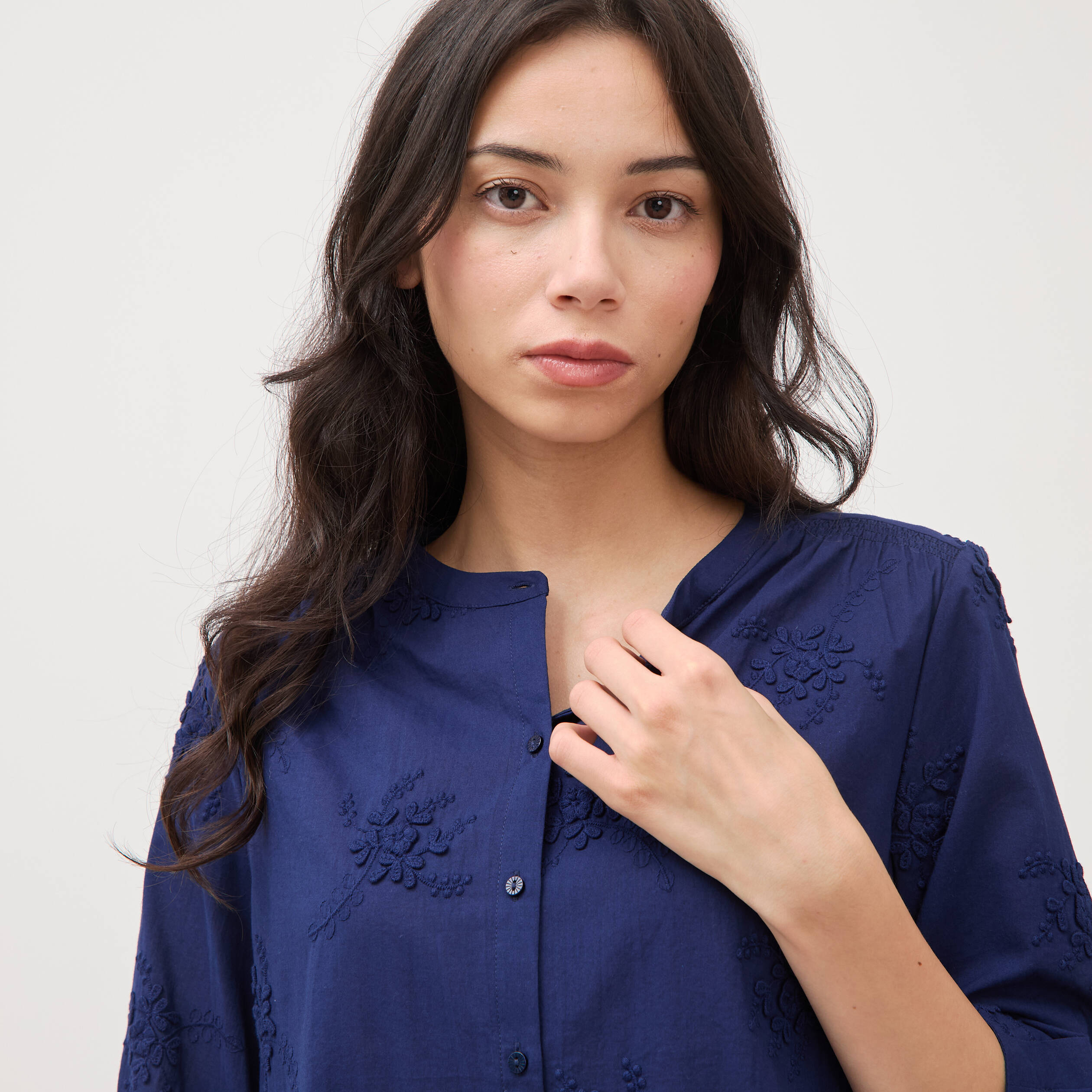 Chemise en coton manches 3/4 bleu marine femme