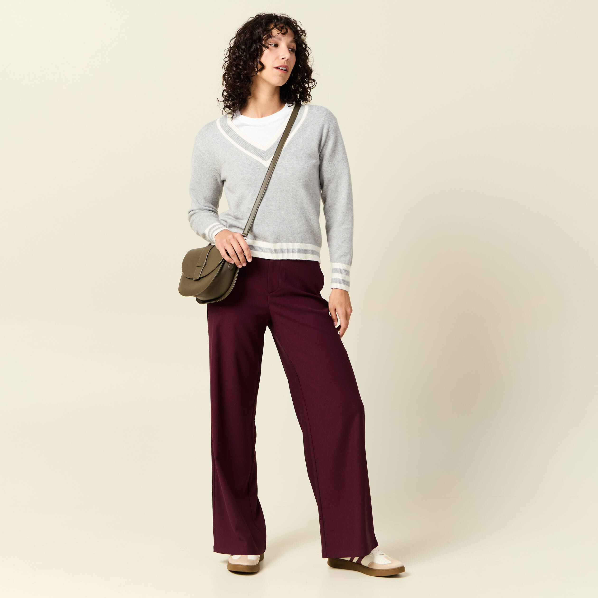 Pantalon large taille haute prune femme