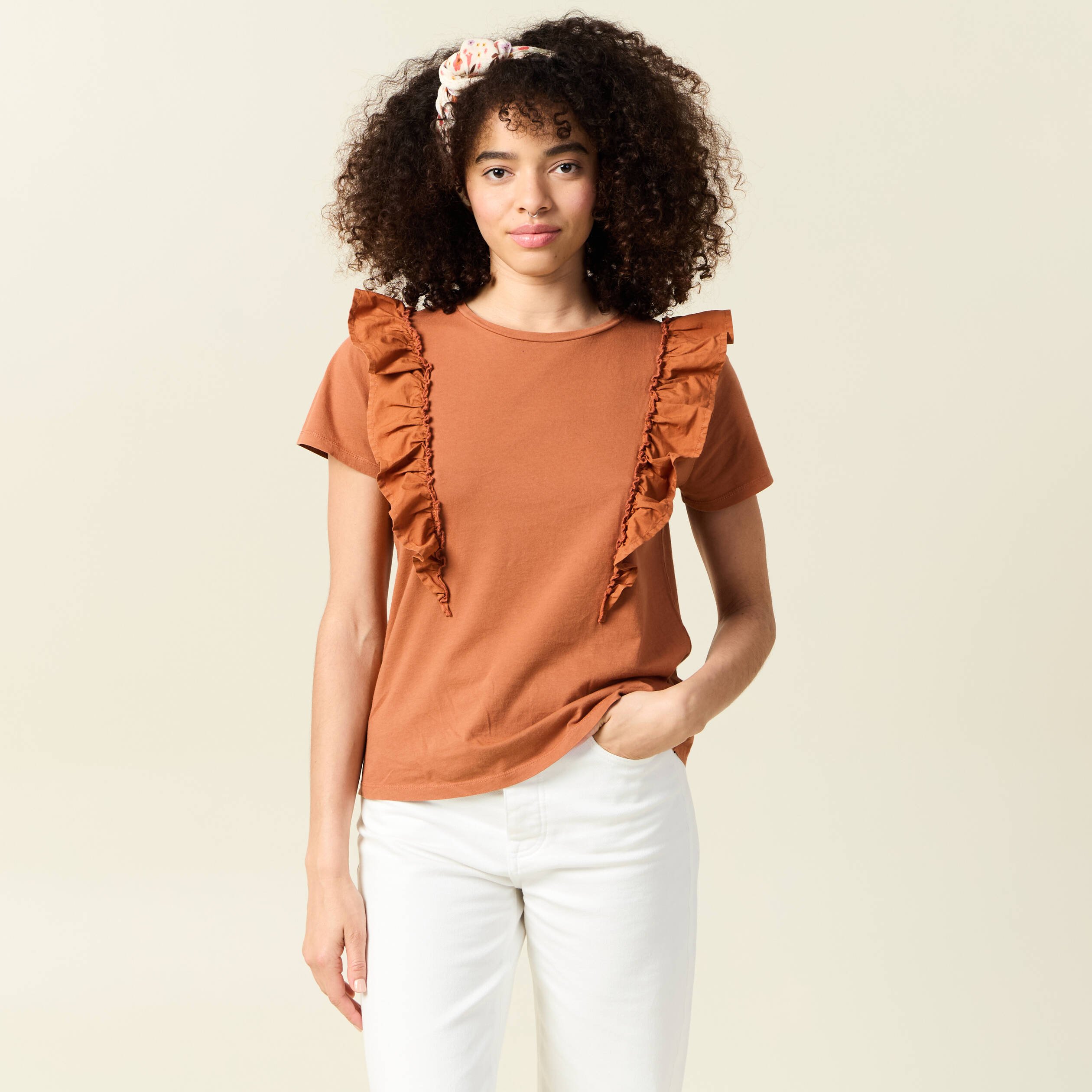 t shirt en coton manches courtes marron cognac femme T-shirt en coton manches courtes marron cognac femme