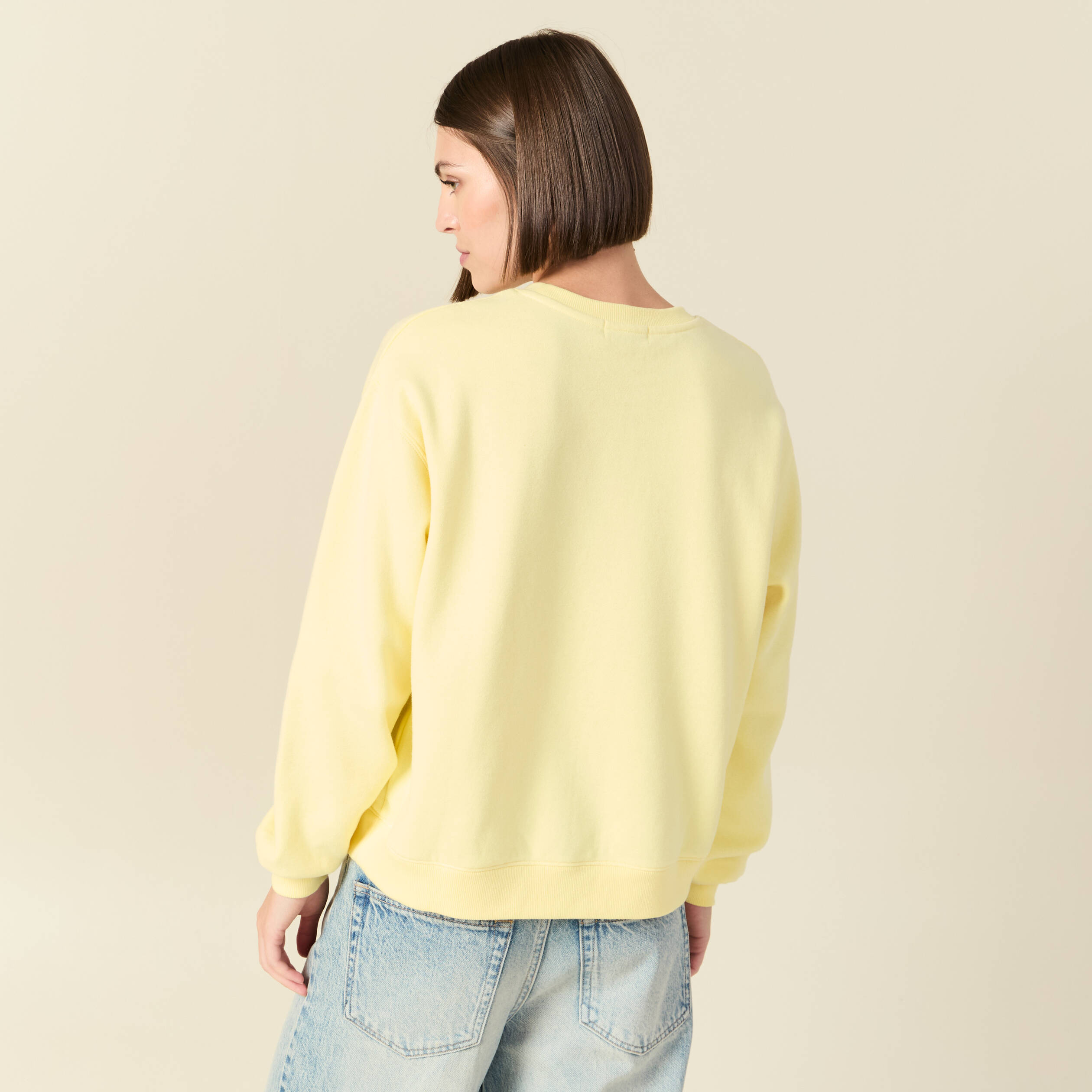 Sweat droit court manches longues jaune pastel femme