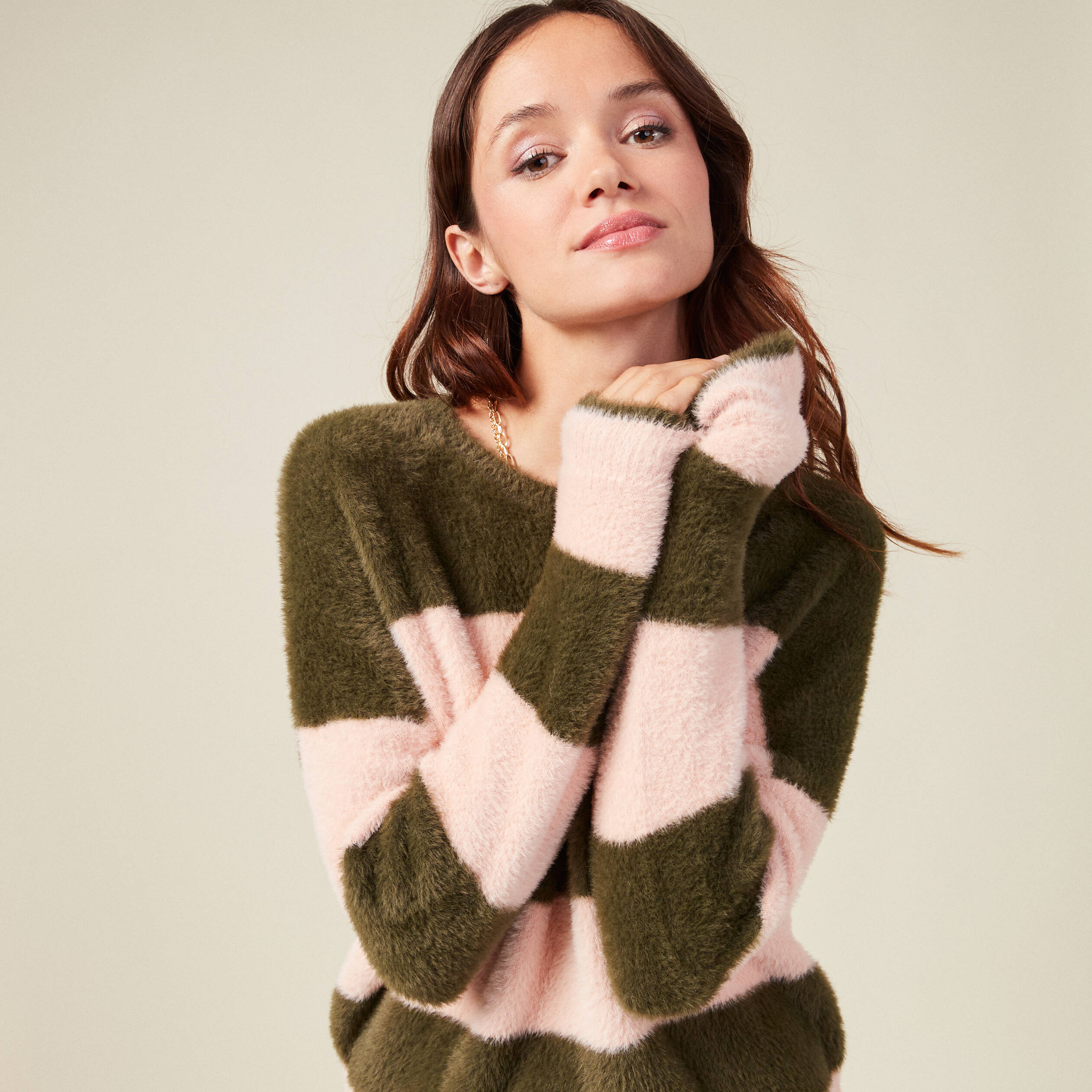 Pull manches longues vert kaki femme