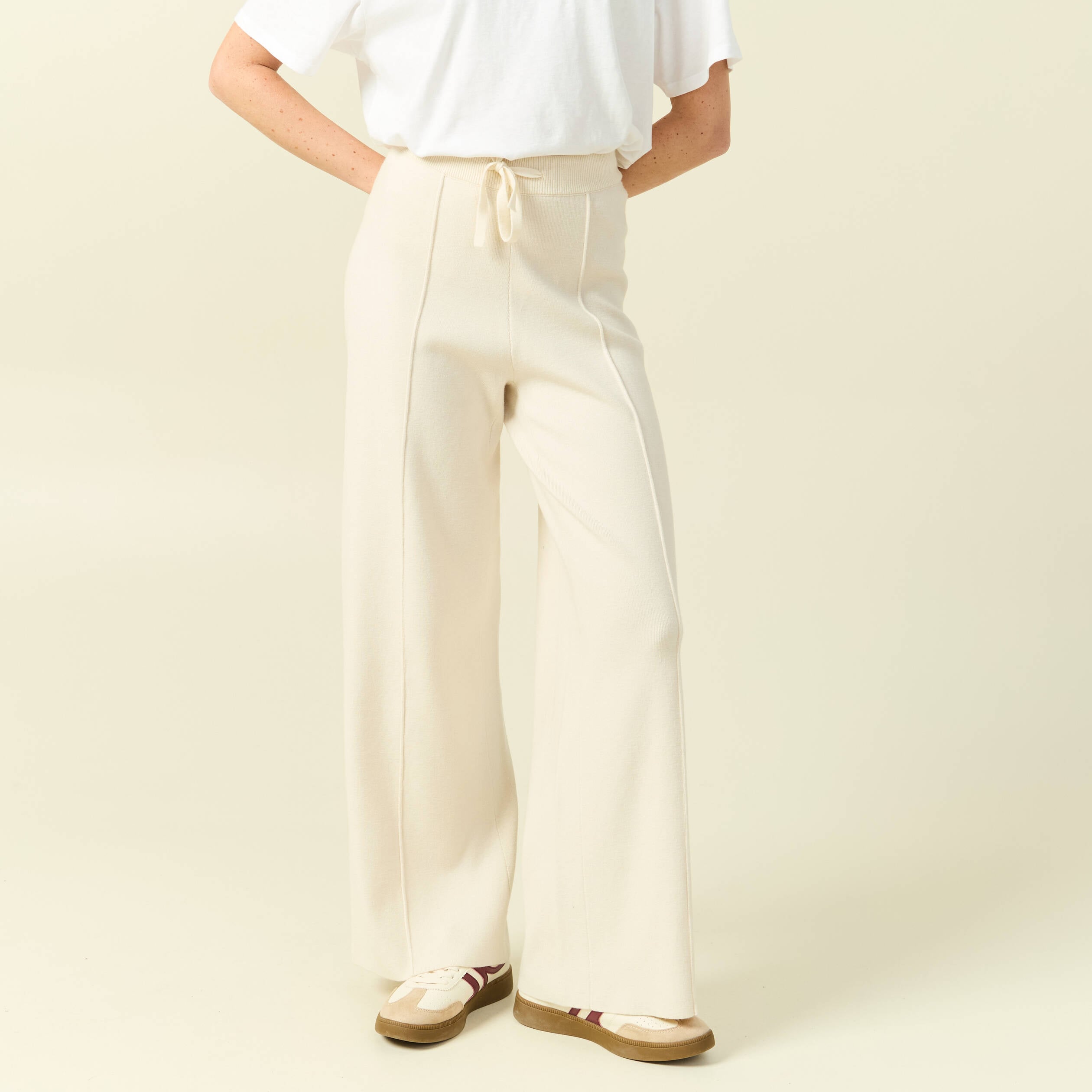 Pantalon large taille haute en maille creme femme