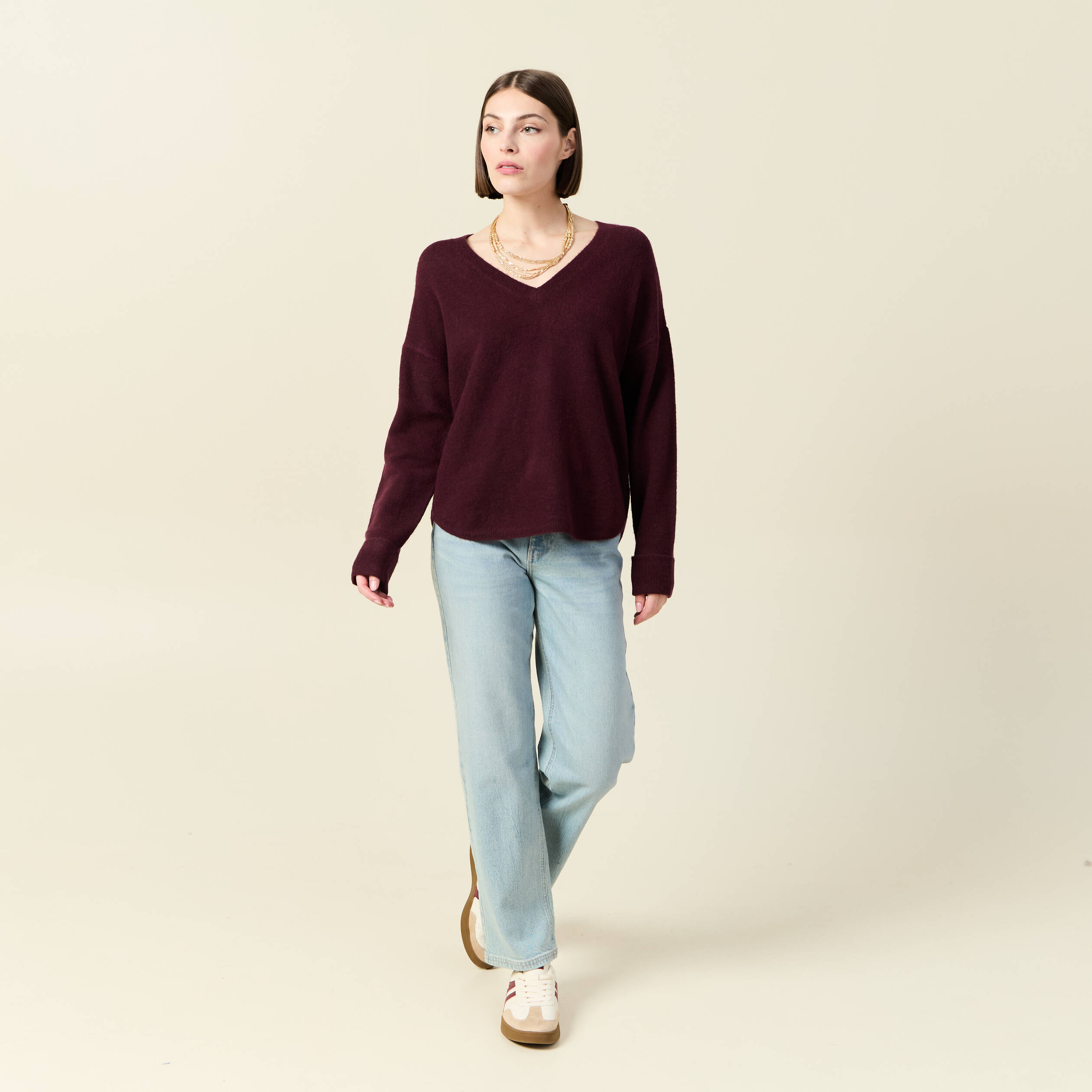 Pull manches longues col en V prune femme