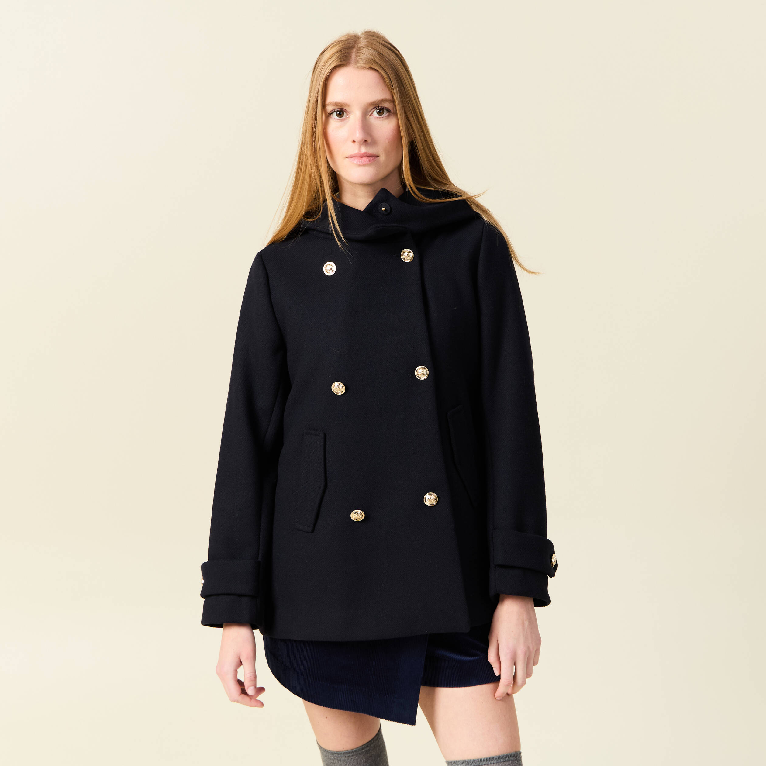Caban oversize court &agrave; capuche bleu fonc&eacute; femme