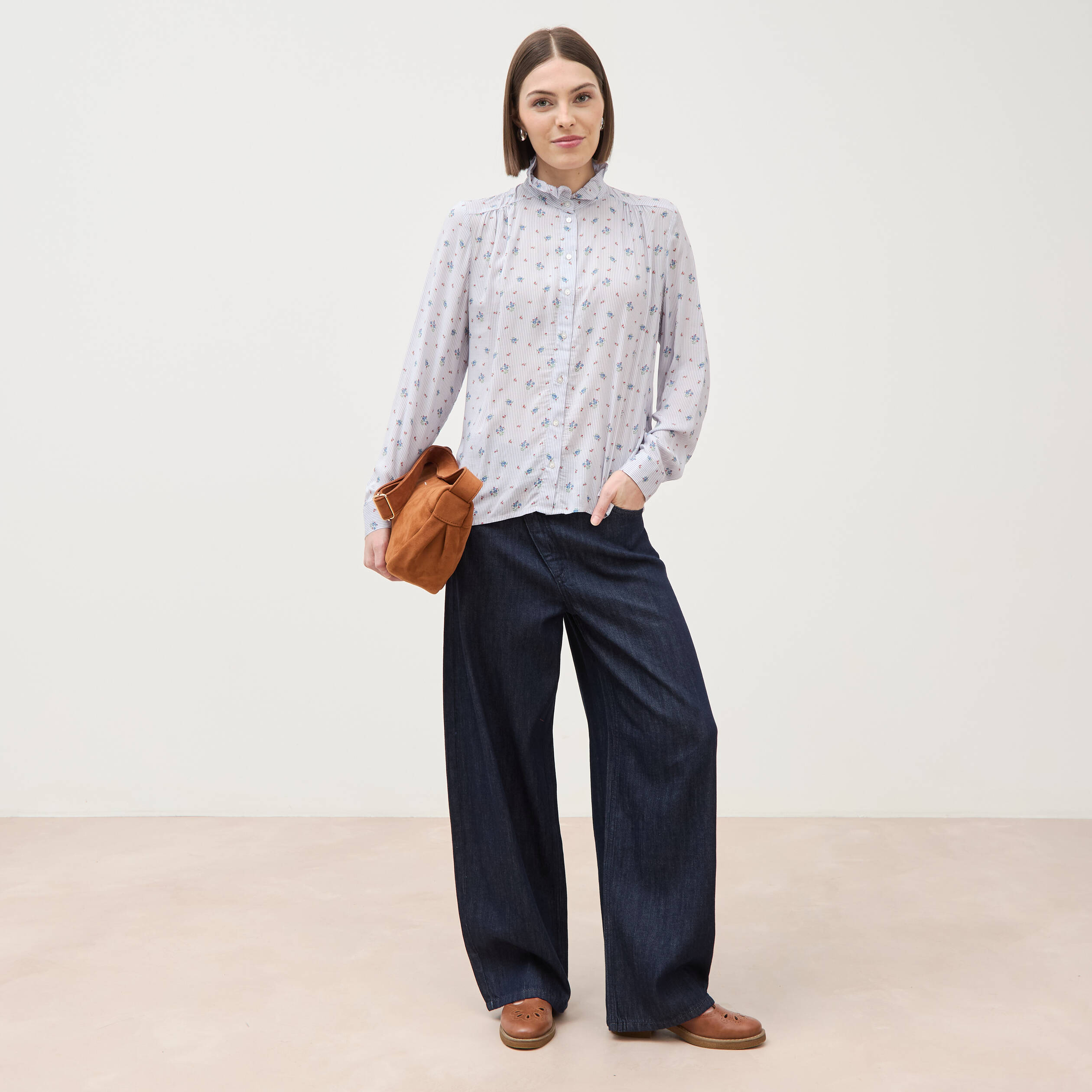 Chemise droite manches longues bleu ciel femme