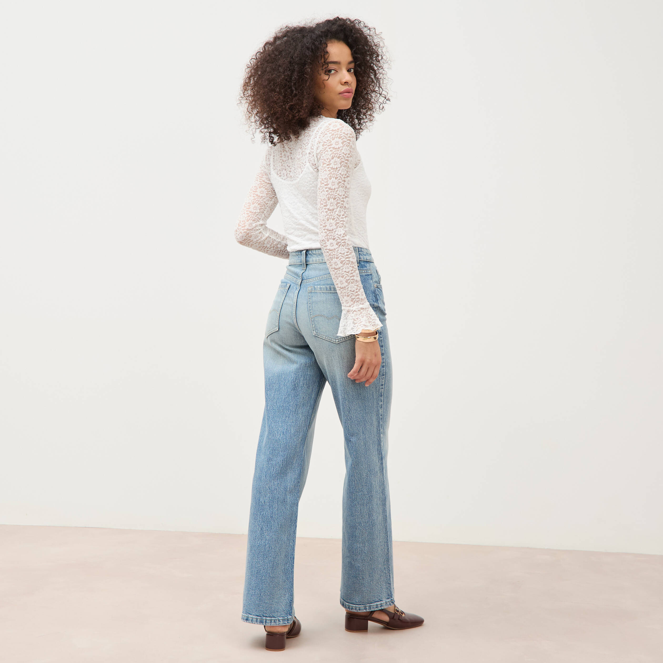 Jeans large taille haute bleu femme