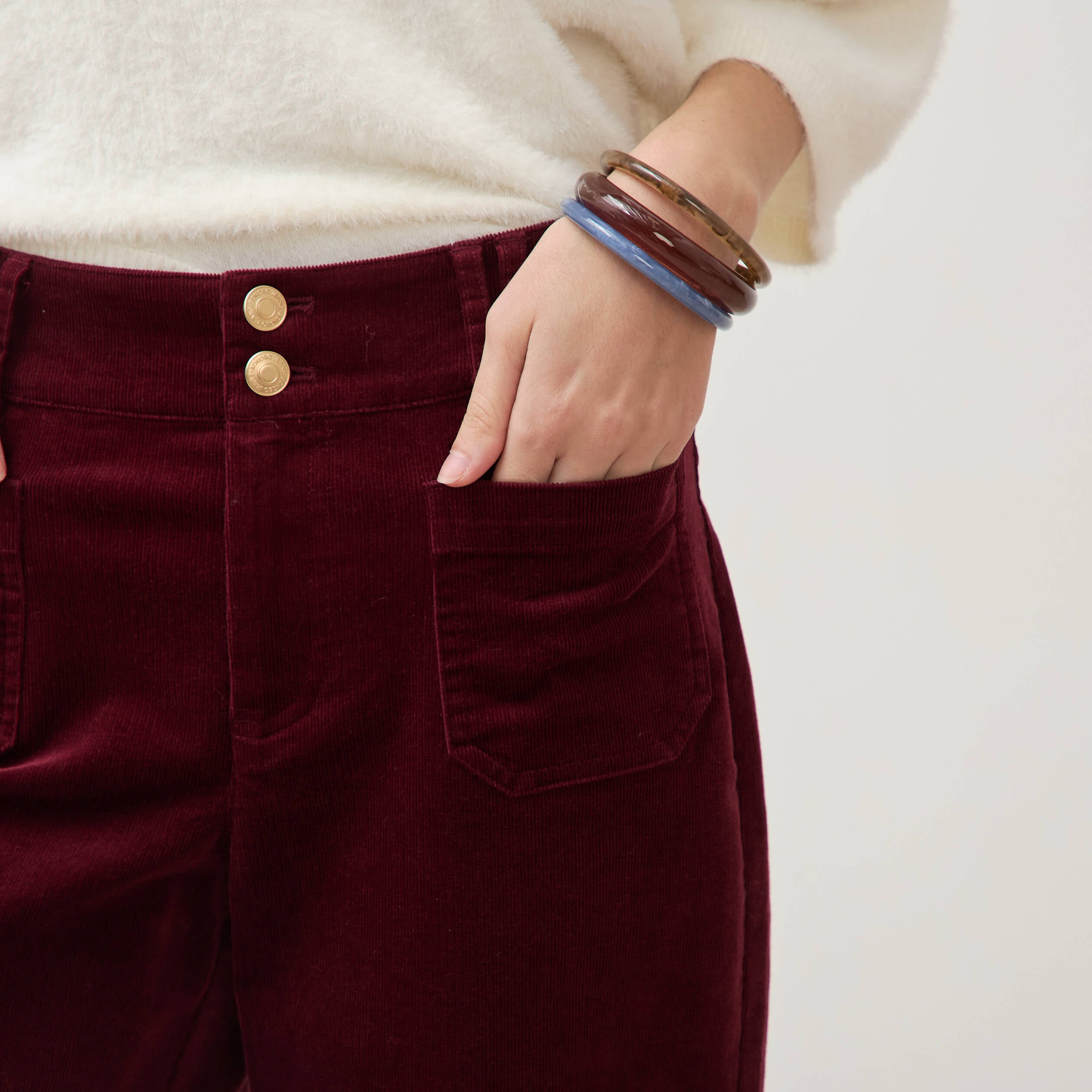Pantalon flare taille haute en velours bordeaux femme