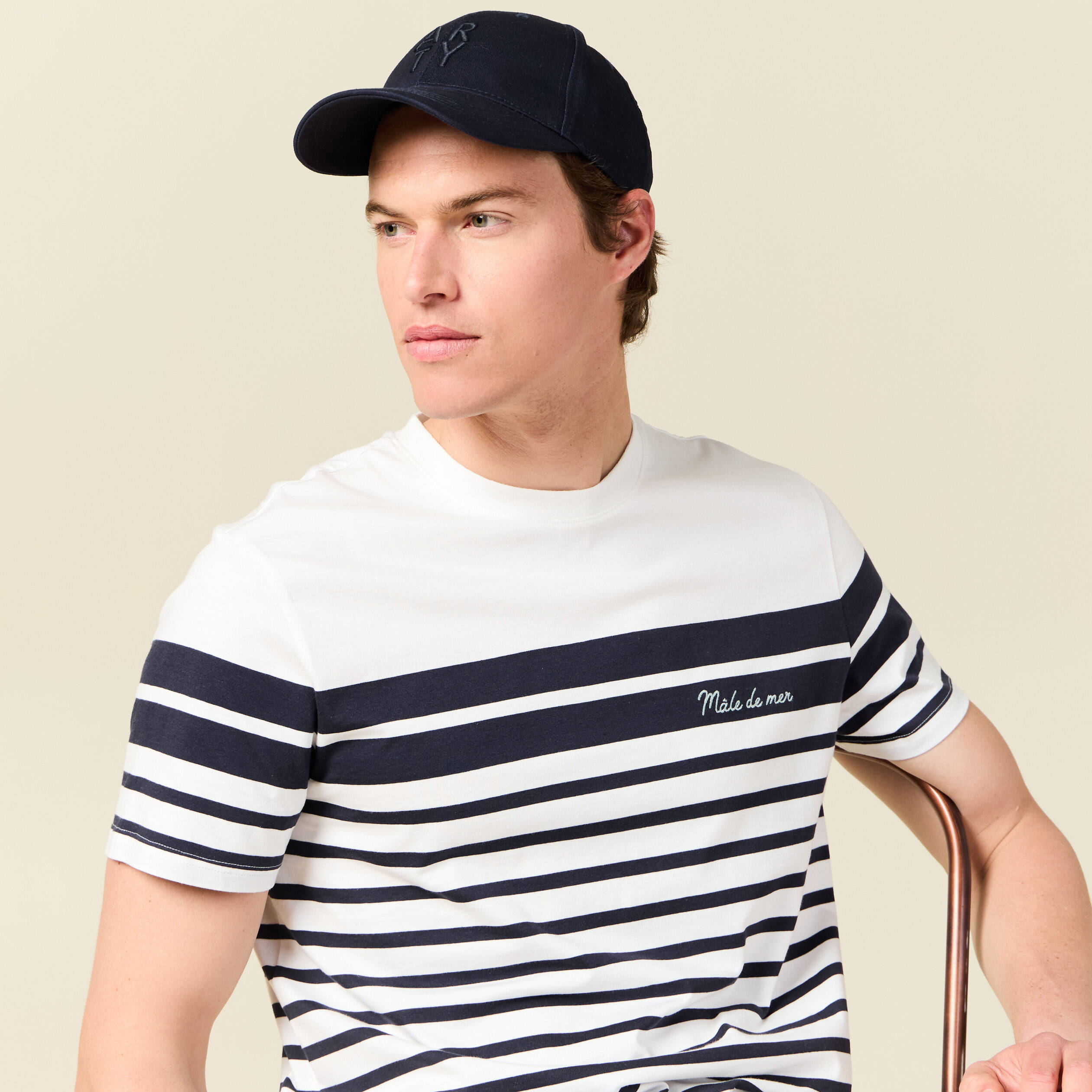 T-shirt ray&eacute; col rond manches courtes ecru homme