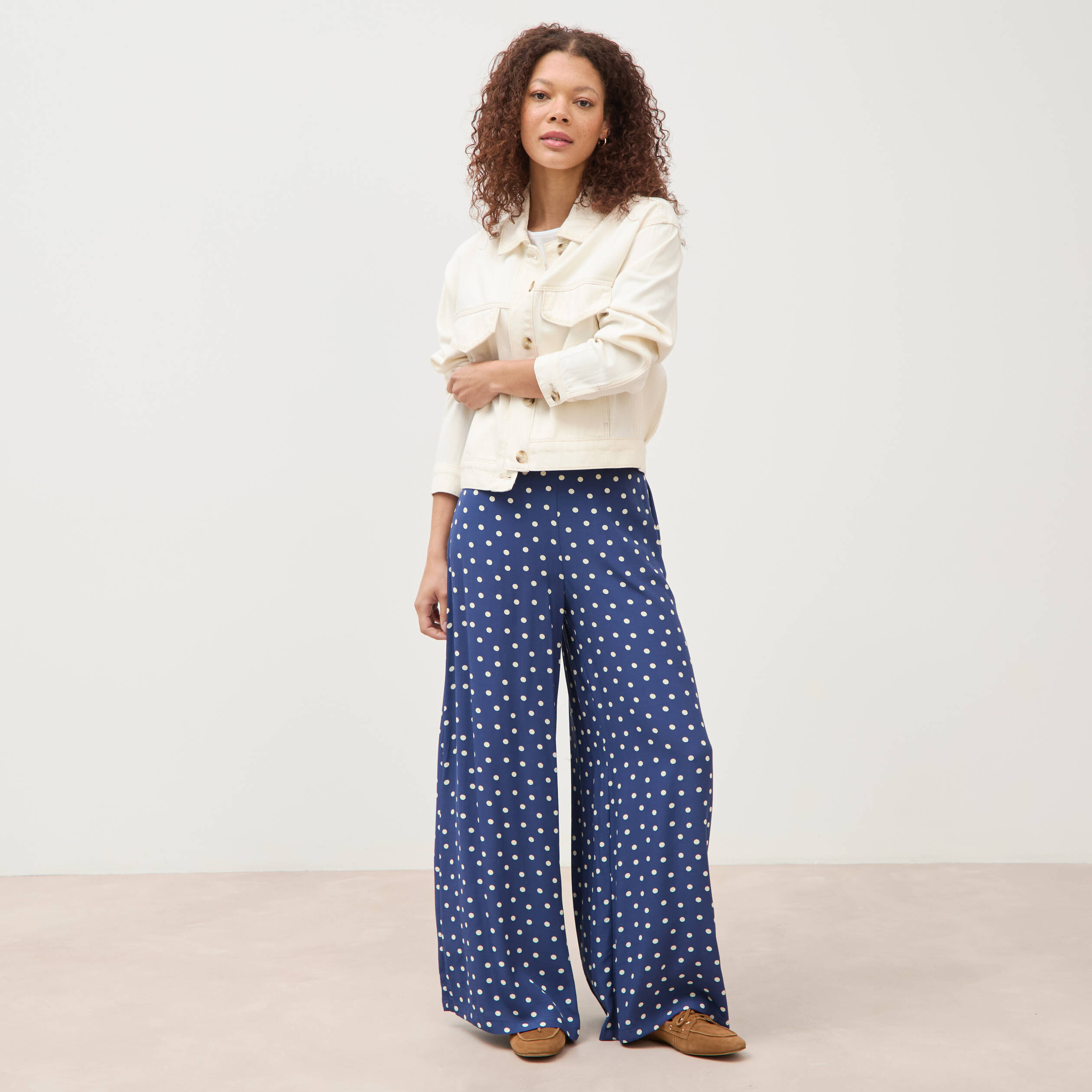 Pantalon large taille haute bleu marine femme