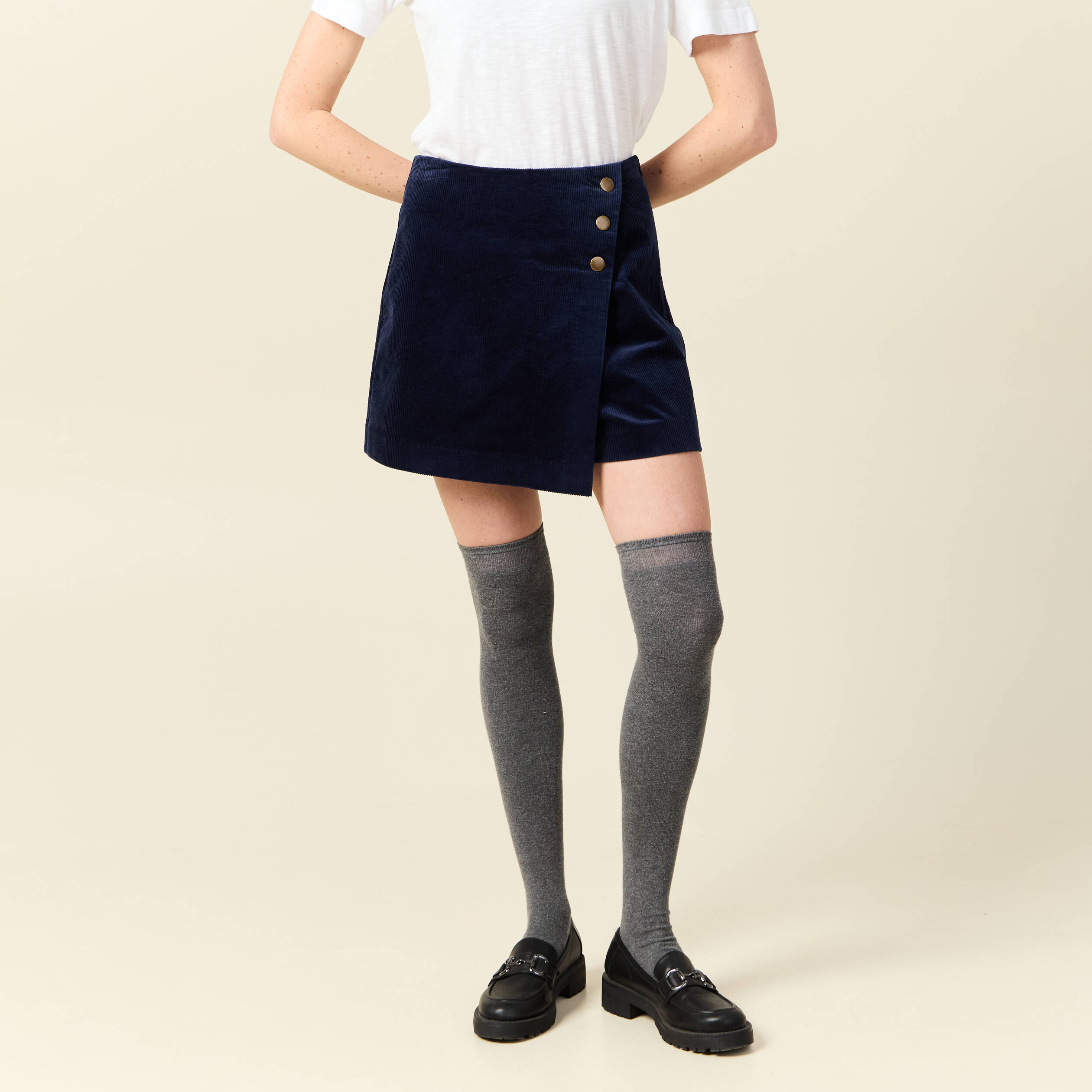 Jupe-short taille haute en velours bleu marine femme
