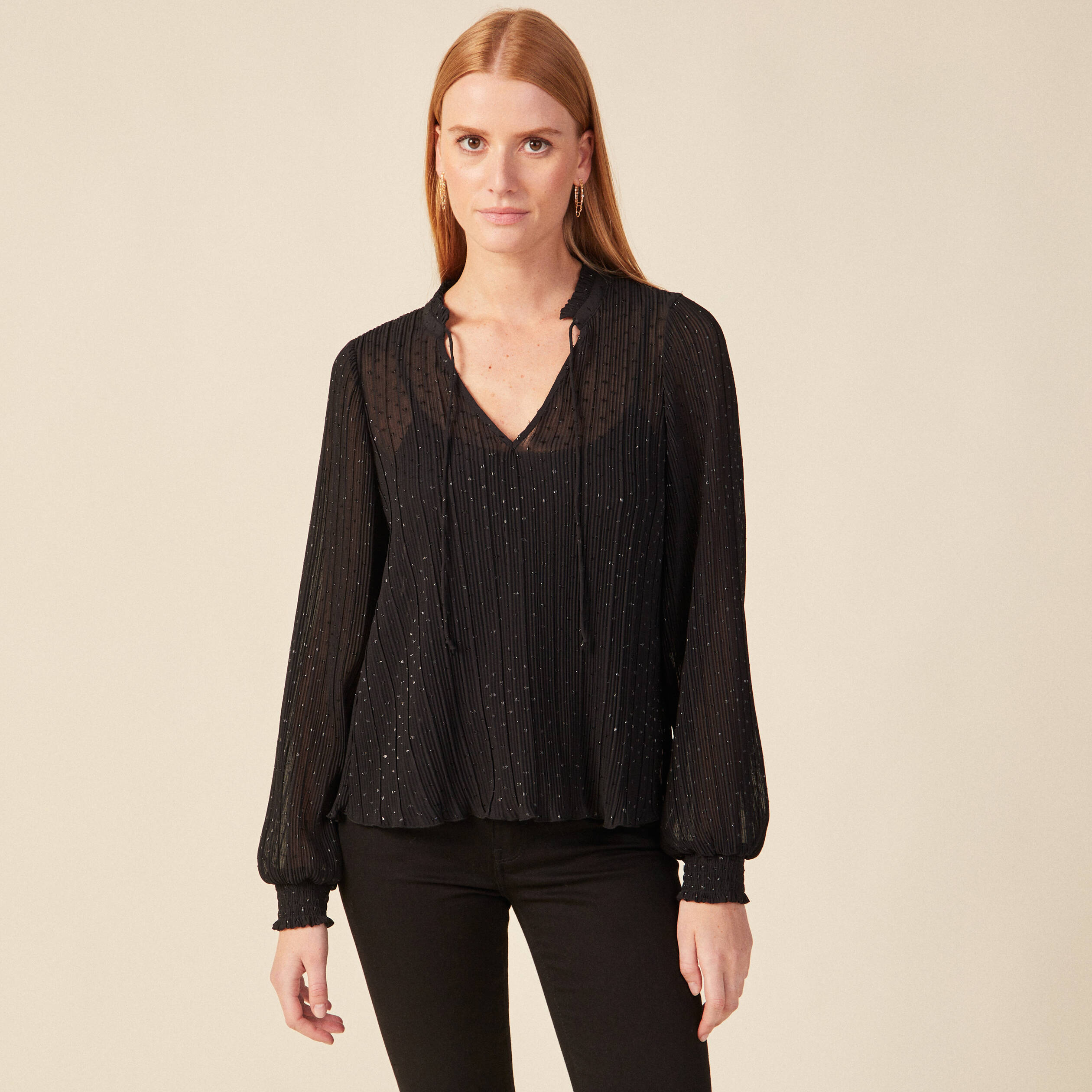 Blouse manches longues plissée noir femme