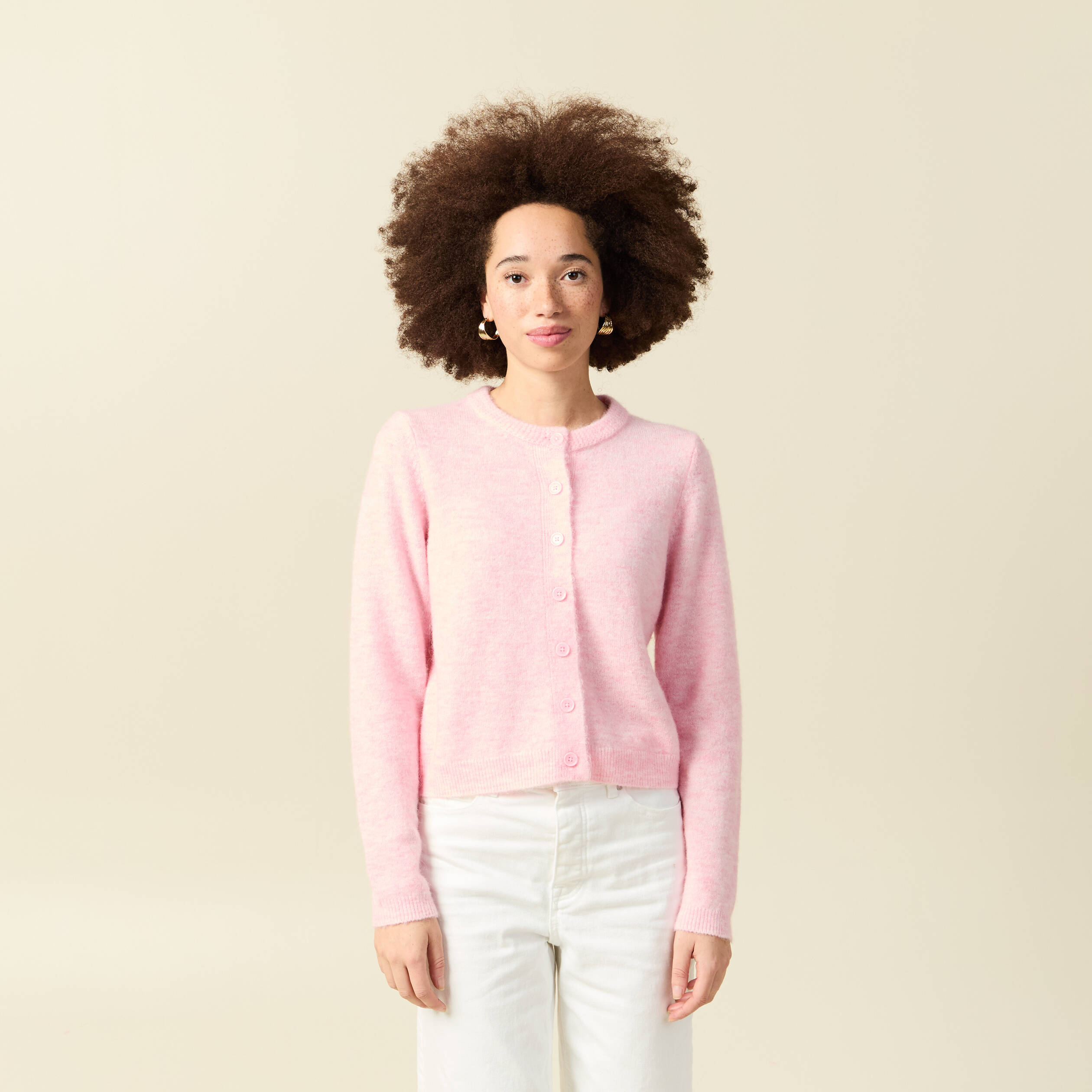 Gilet col rond rose clair femme