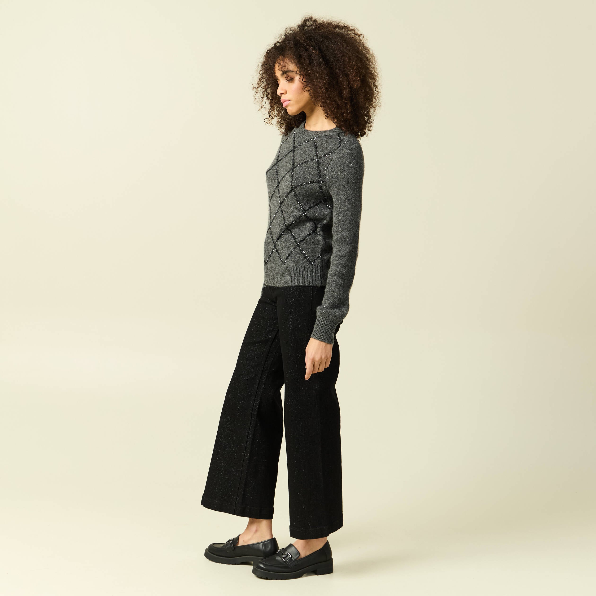 Pull manches longues &agrave; sequins gris fonc&eacute; femme