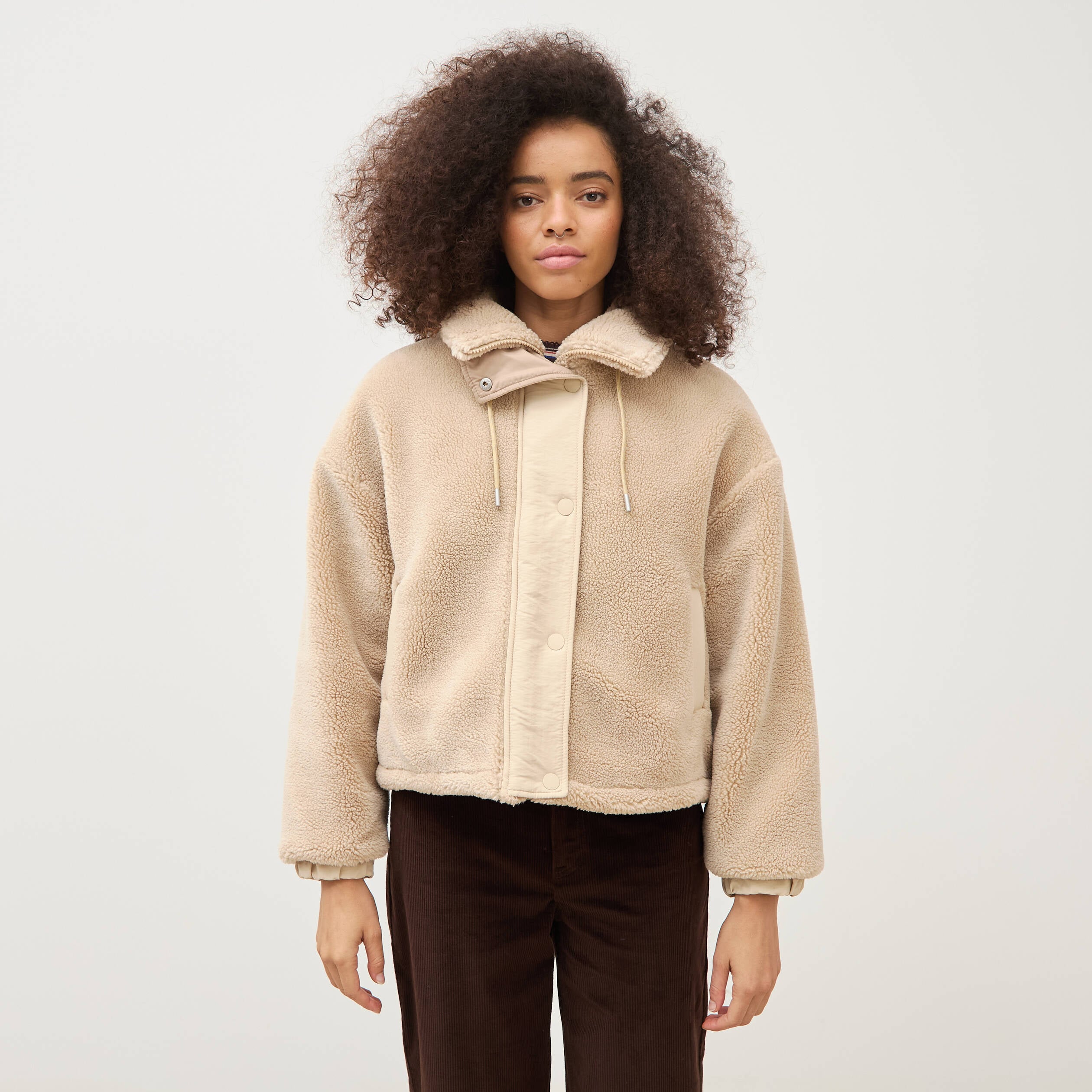 Veste oversize effet polaire col montant creme femme