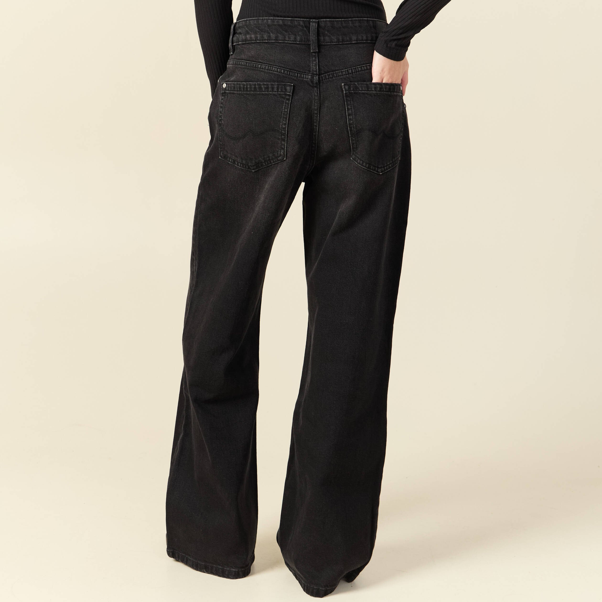 Jeans large taille haute denim noir femme