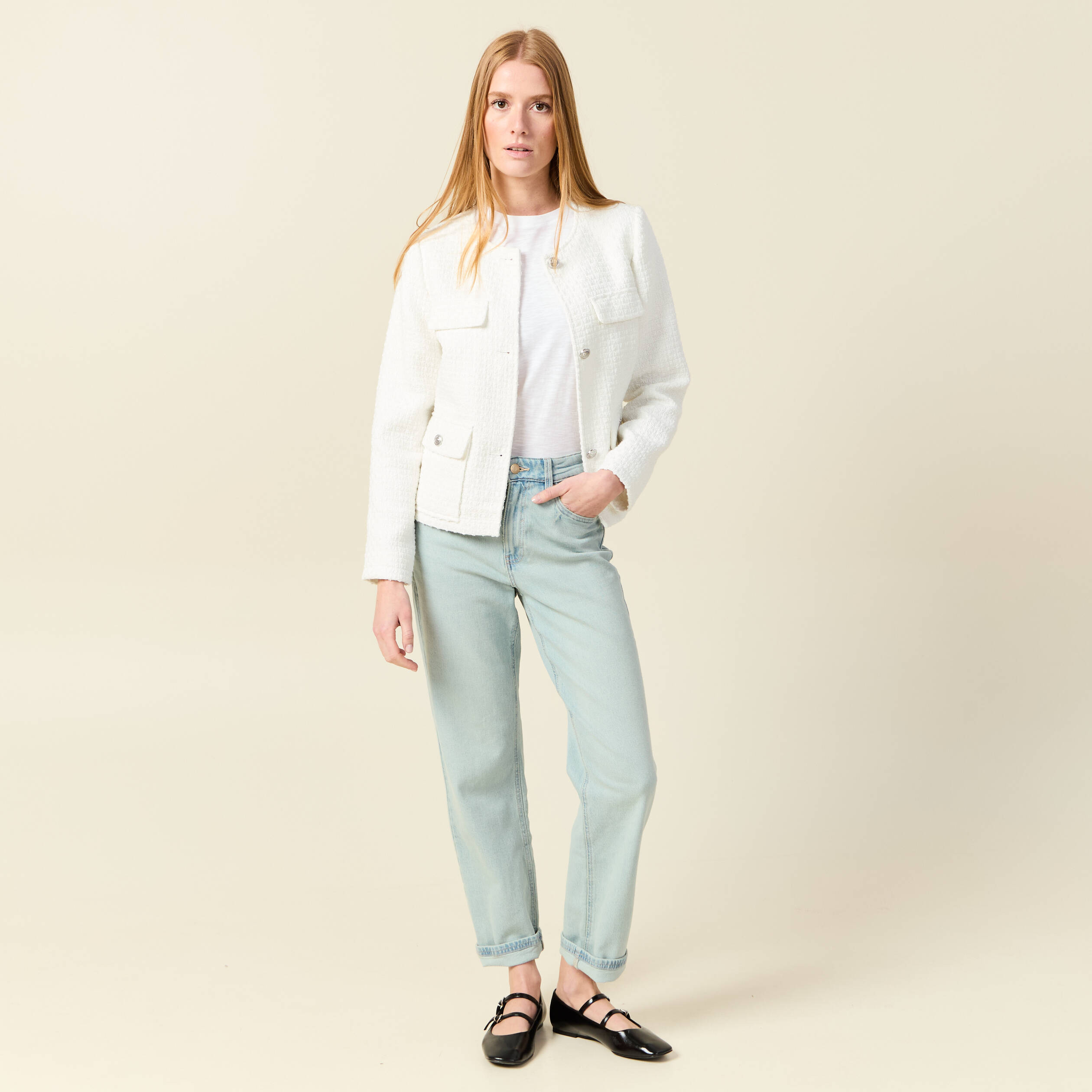veste tweed manches longues doublee ecru femme Veste tweed manches longues doublée ecru femme