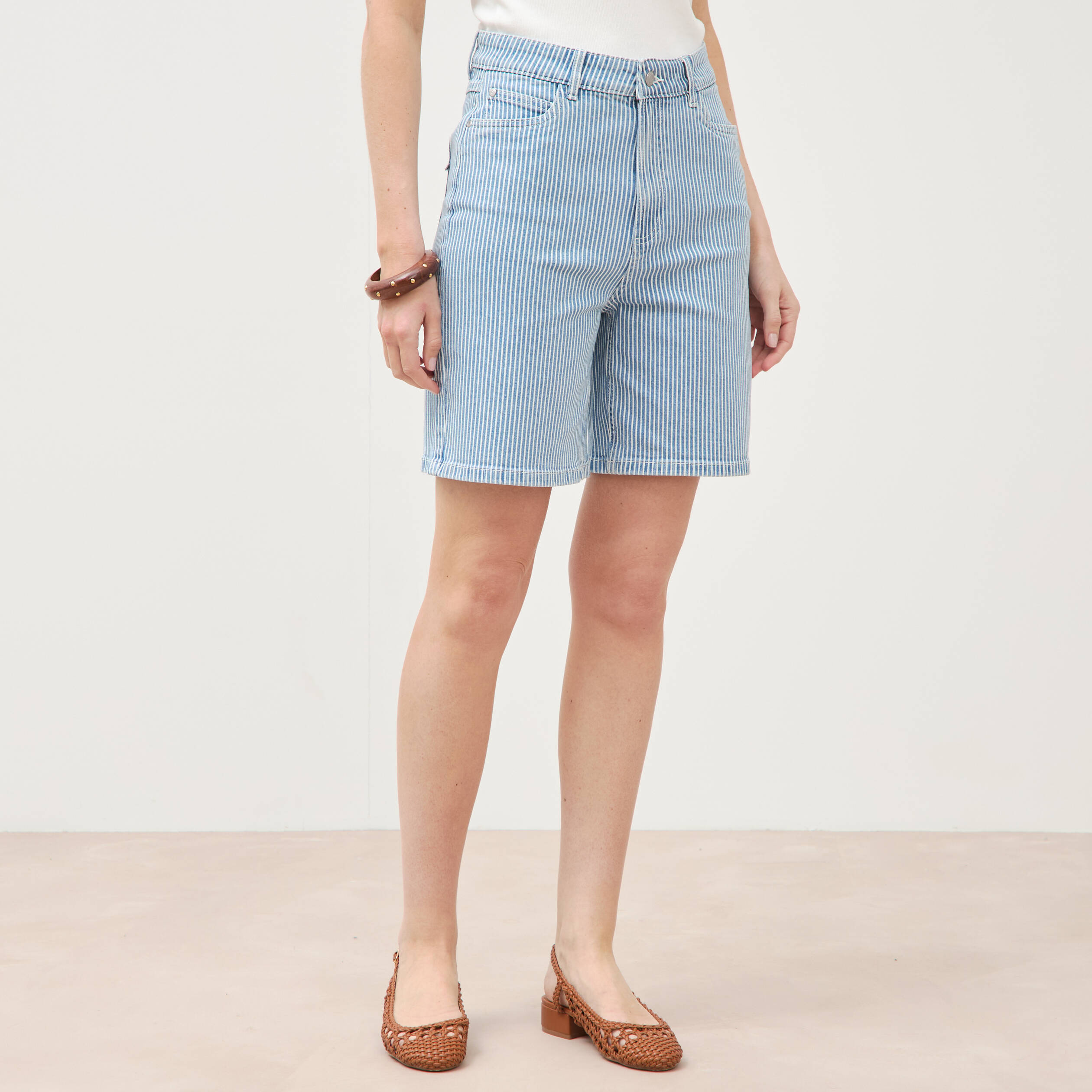 Bermuda large taille haute en jeans denim stone femme