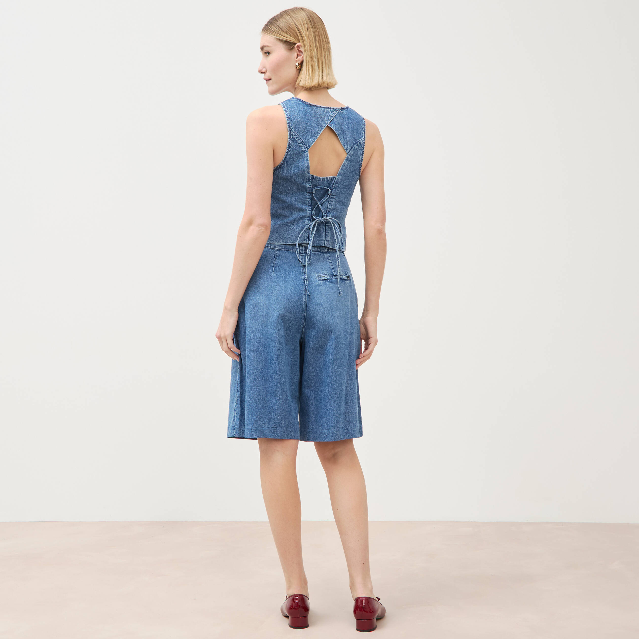Bermuda jeans large taille haute denim used femme