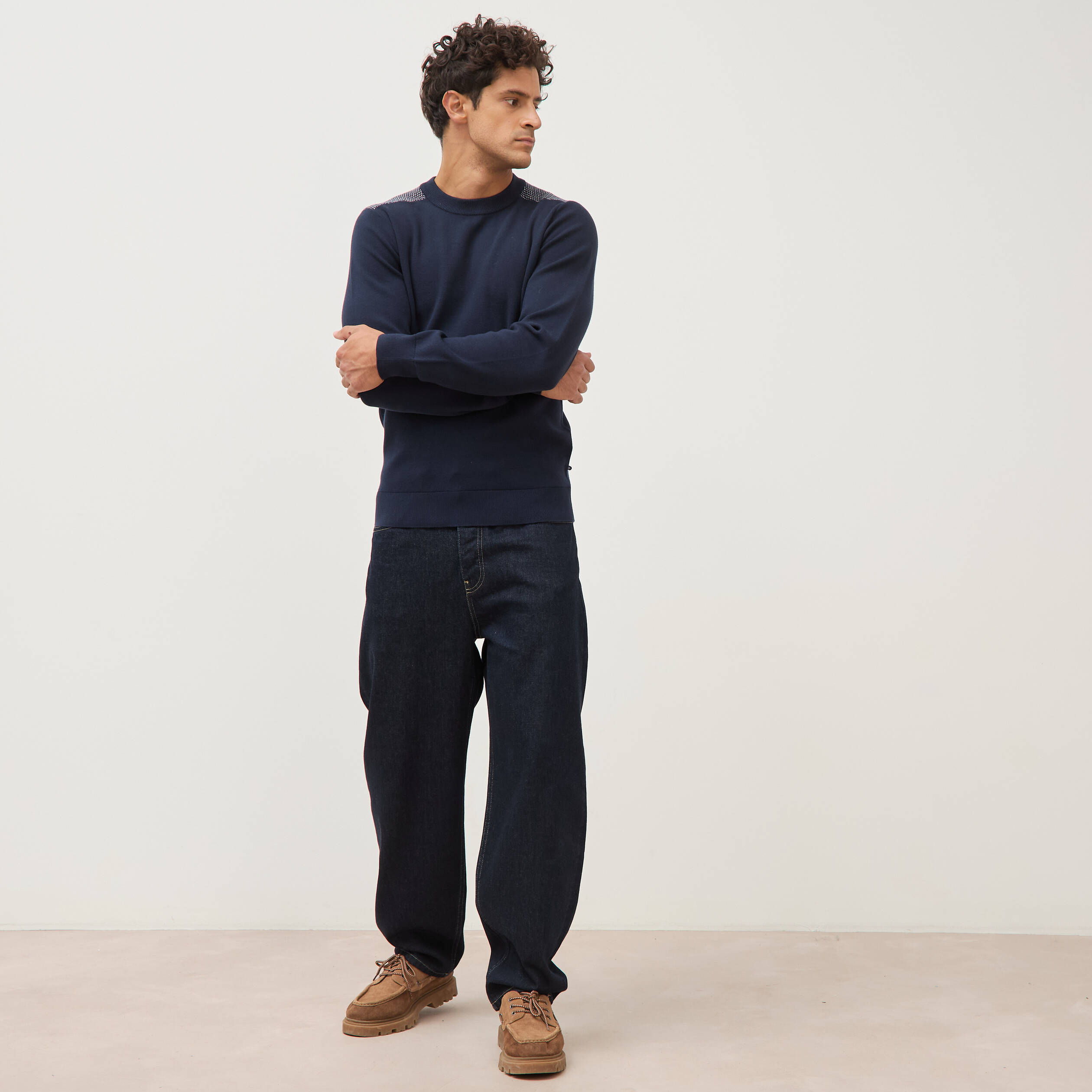 Pull droit fin col rond manches longues bleu marine homme