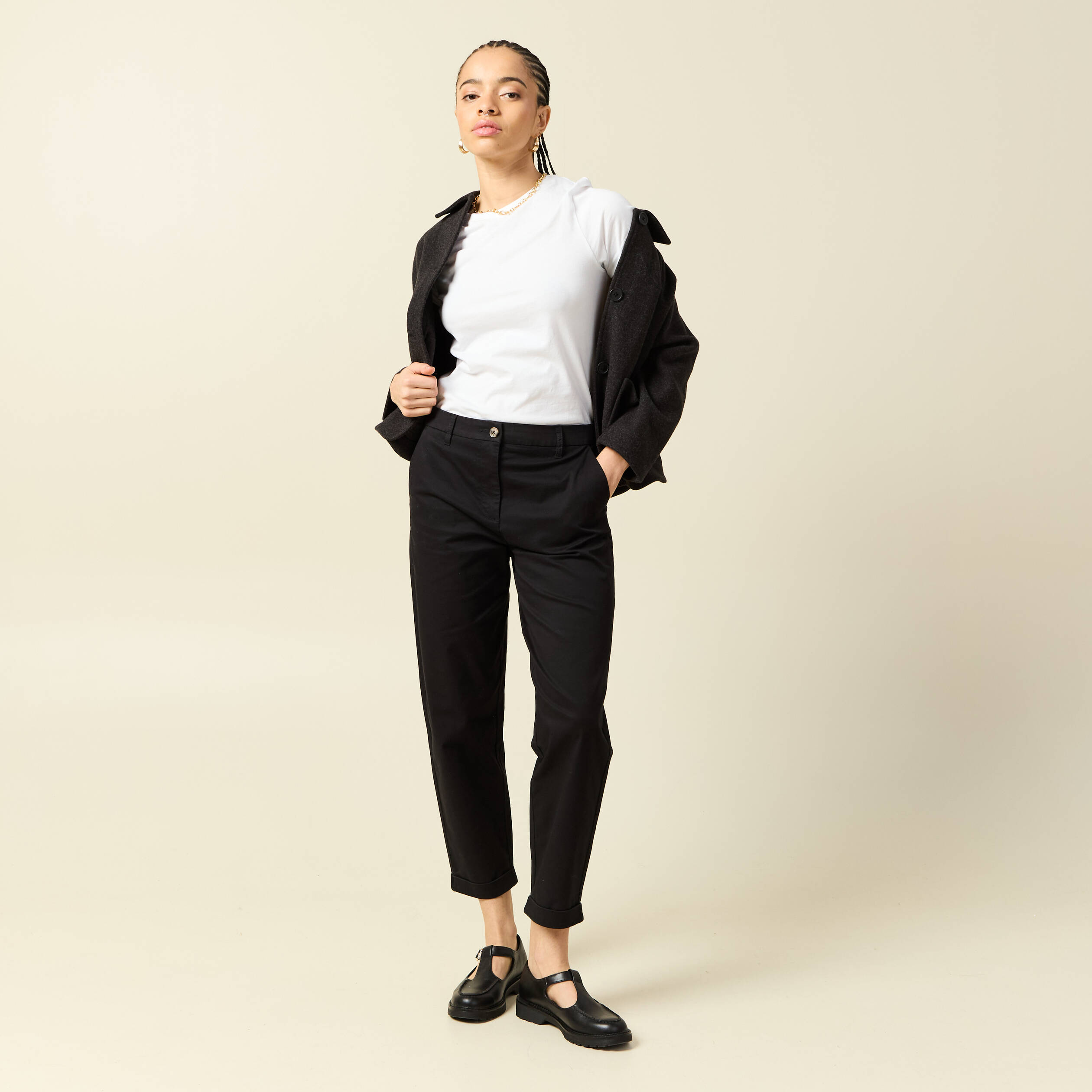 Pantalon taille haute fluide noir femme