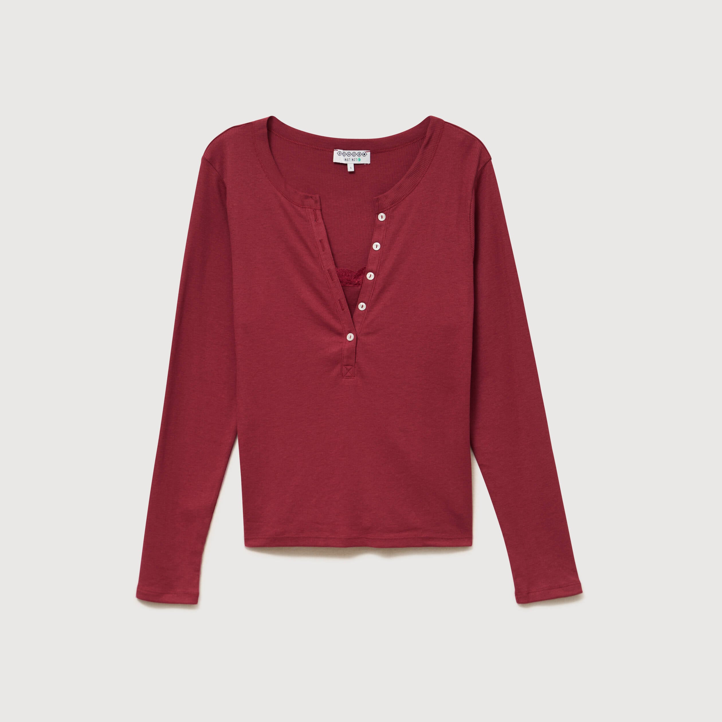 T-shirt cintr&eacute; manches longues rouge fonc&eacute; femme