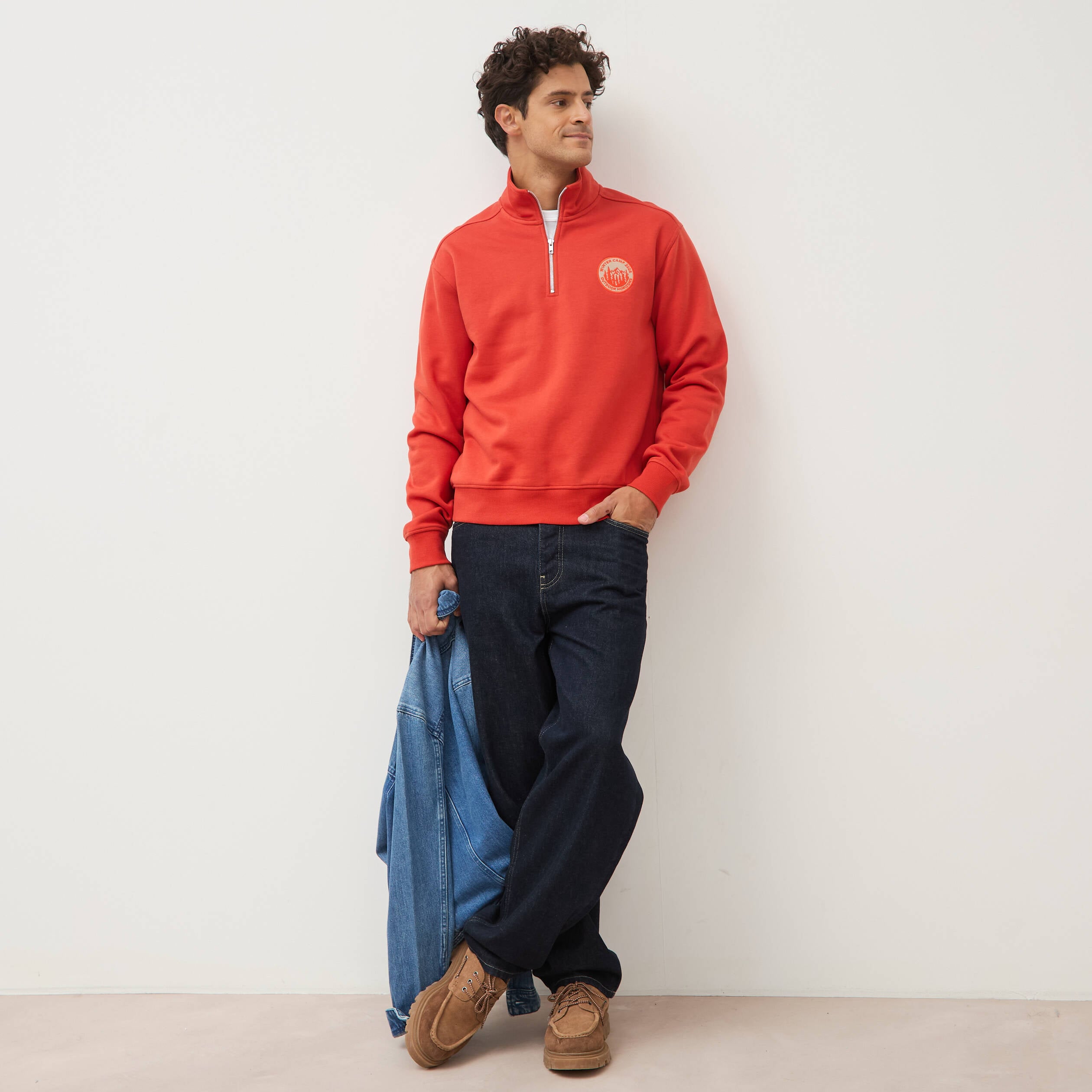 Sweat col camionneur manches longues orange fonc&eacute; homme