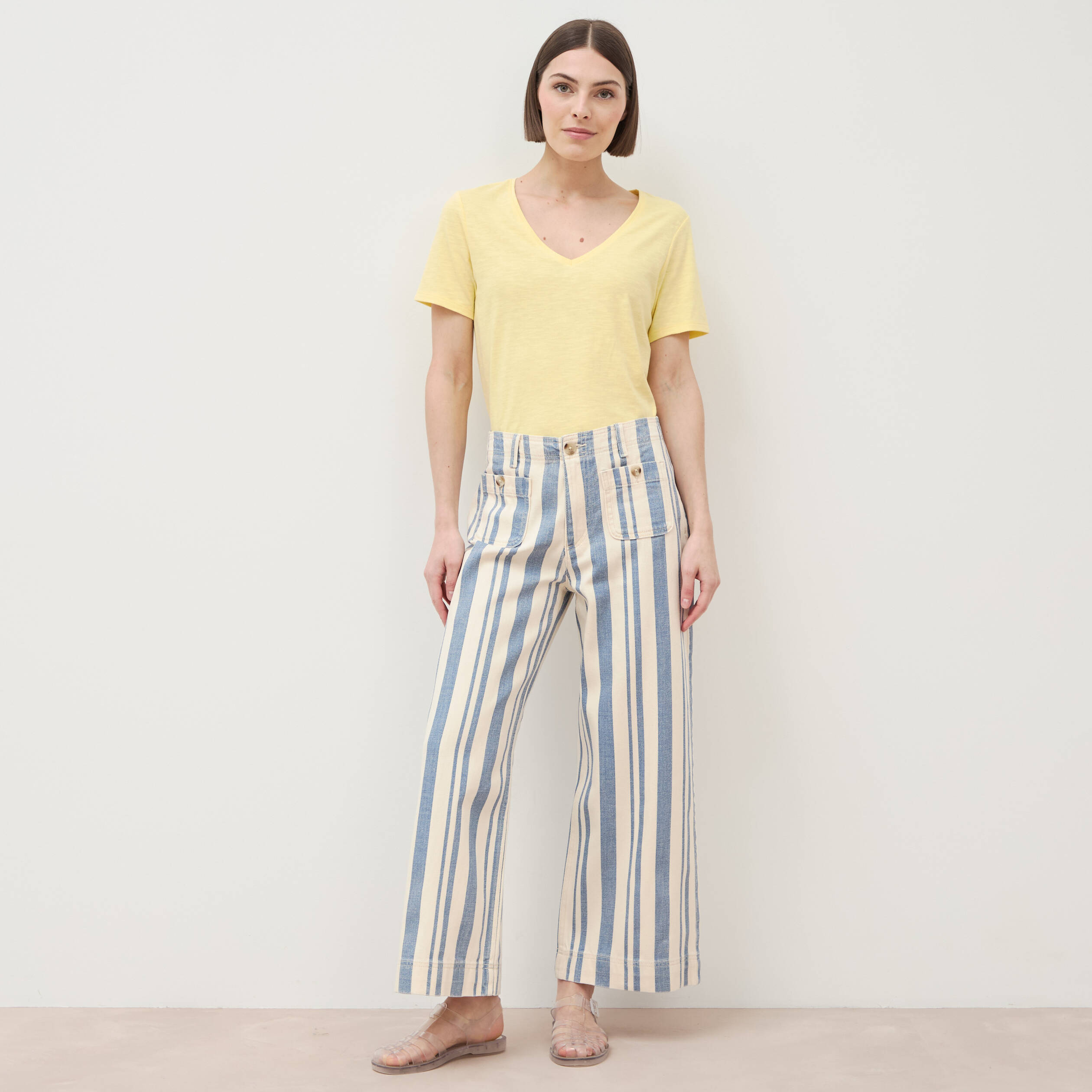 Jeans large cropped taille haute ray&eacute; bleu ciel femme