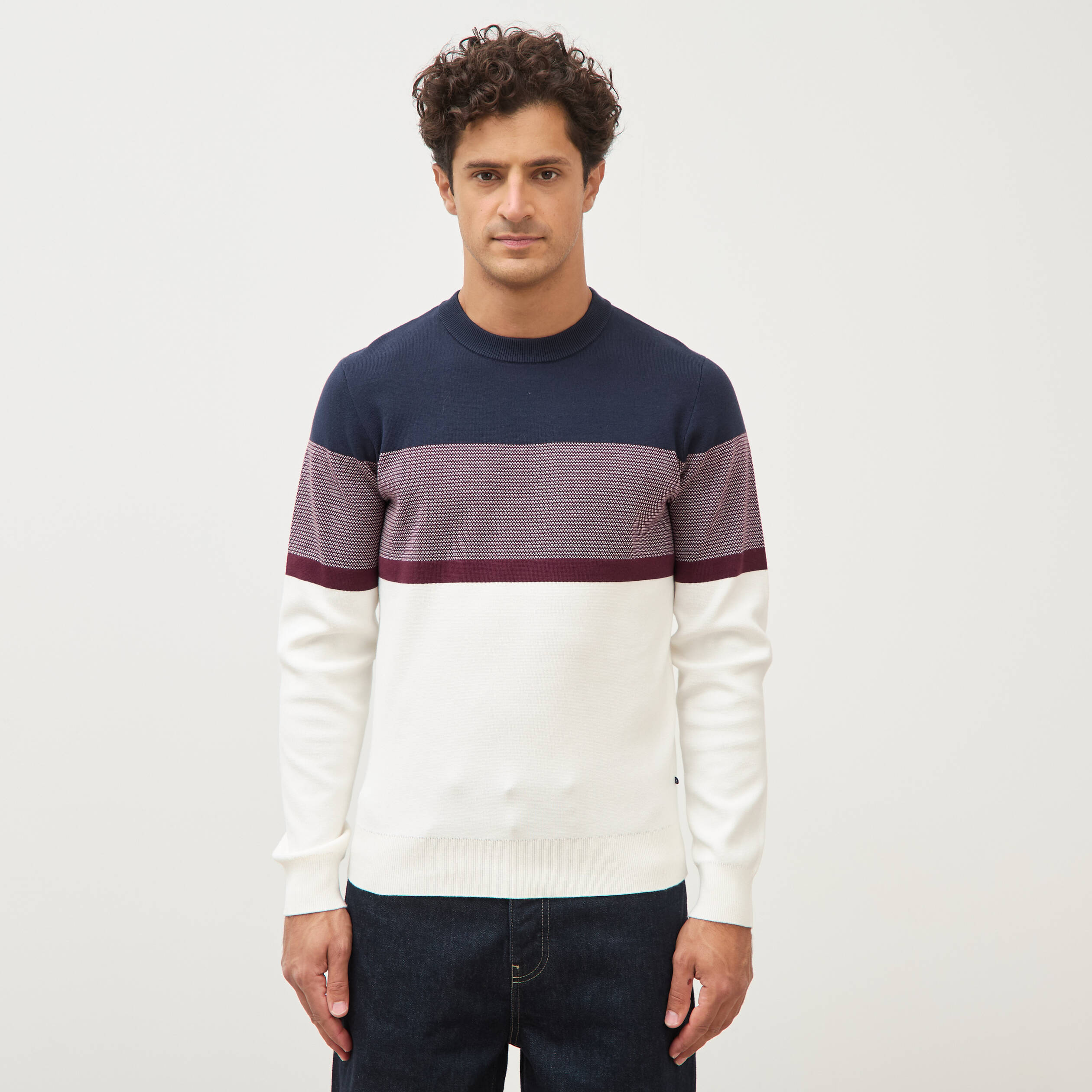 Pull fin col rond manches longues bleu marine homme