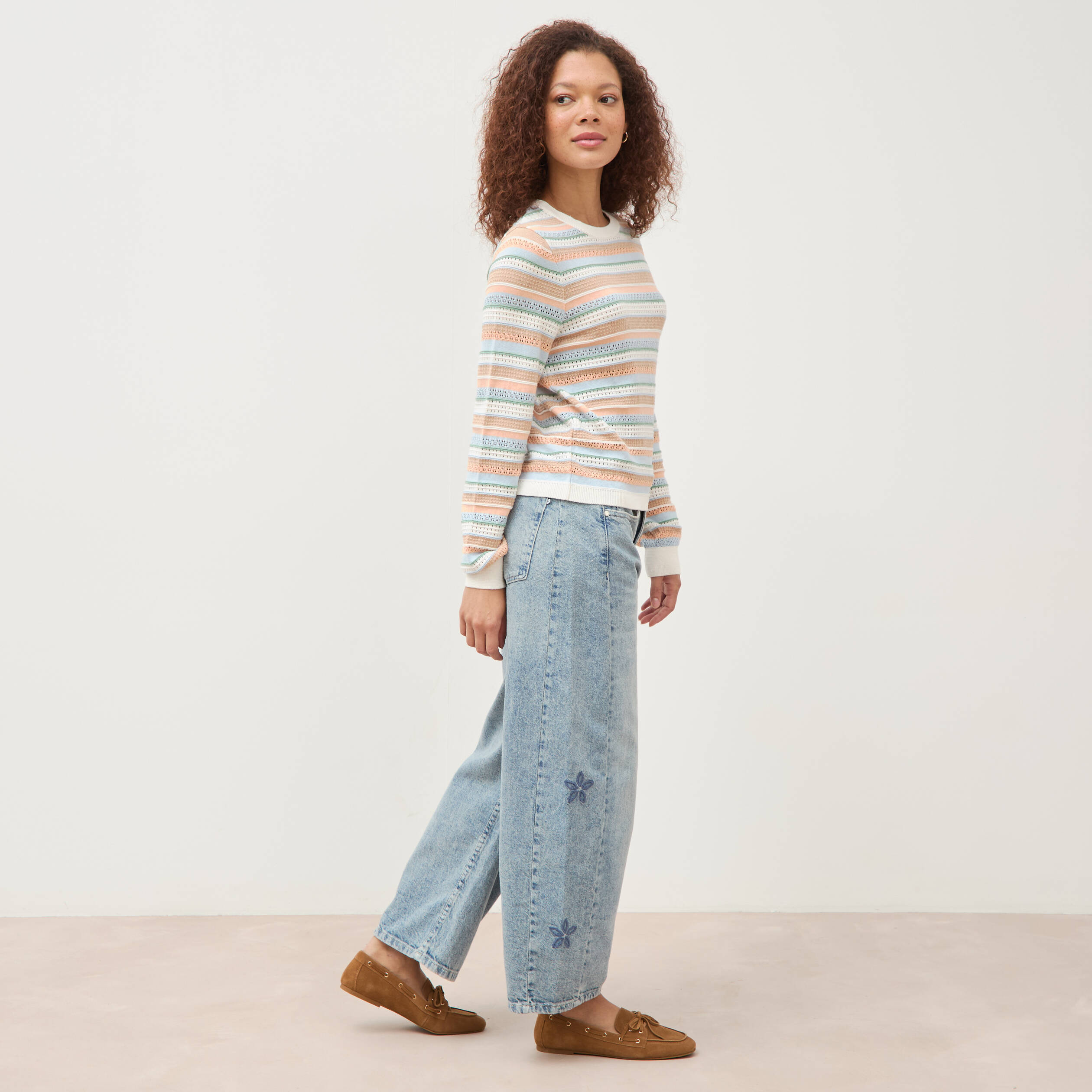 Pull ajour&eacute; col rond manches longues multicolore femme