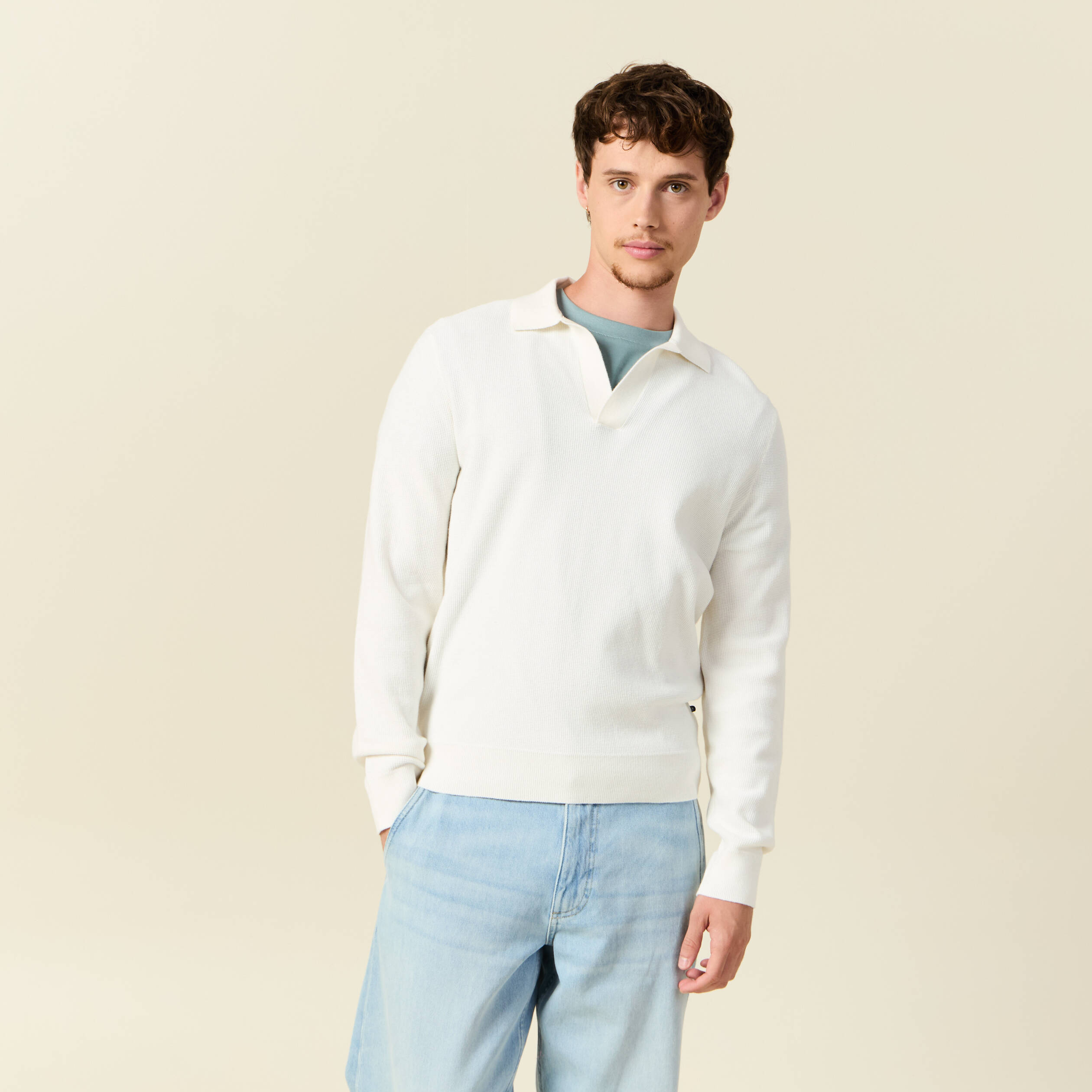 Pull droit col polo manches longues ecru homme