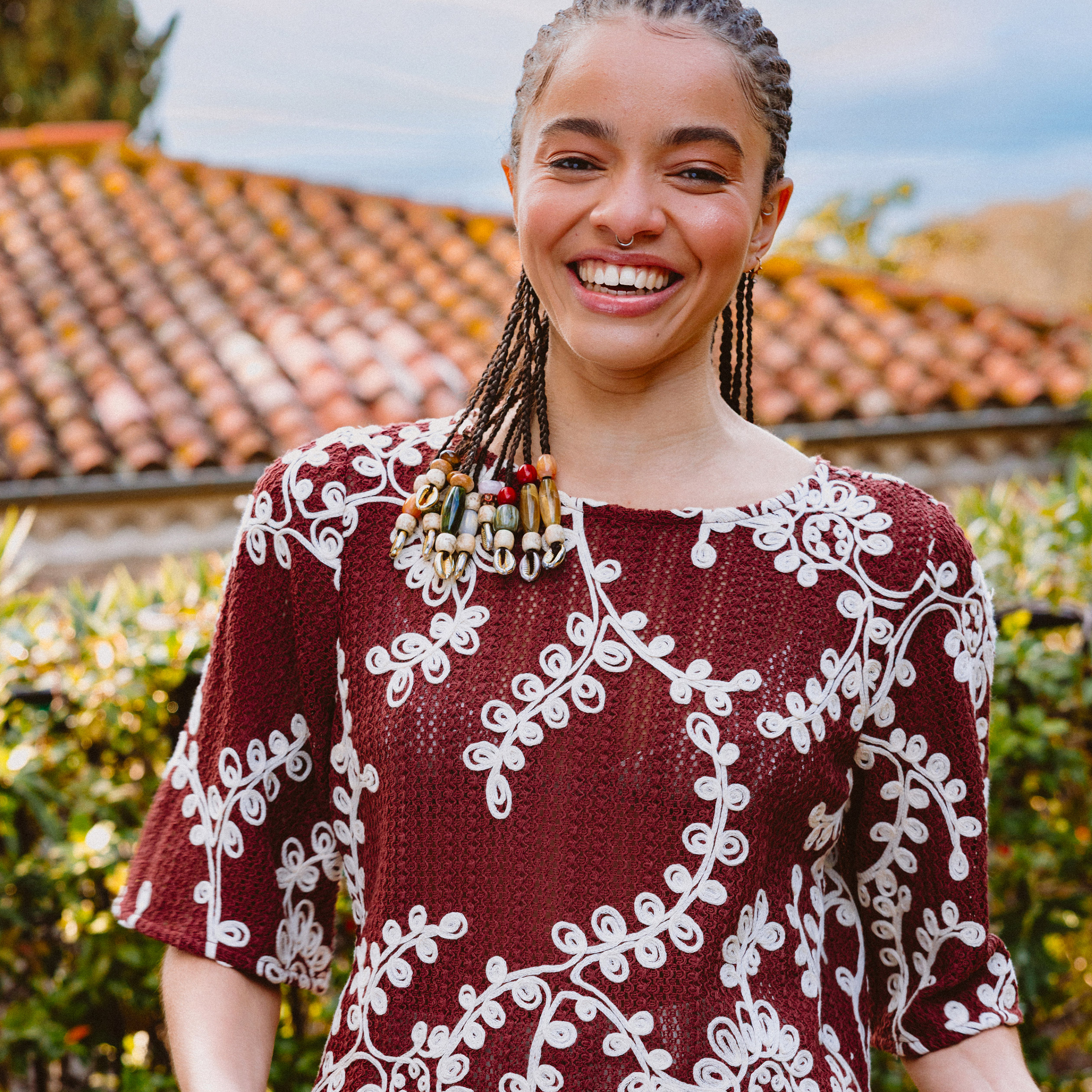 T-shirt brod&eacute; col rond manches 3/4 marron cognac femme