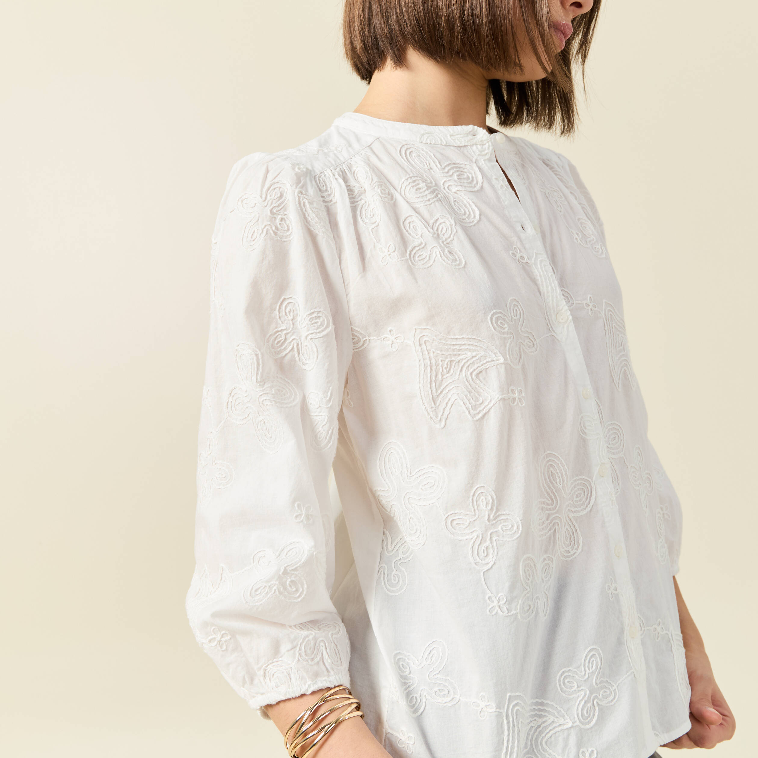 chemise manches 34 brodee ecru femme Chemise manches 3/4 brodée ecru femme