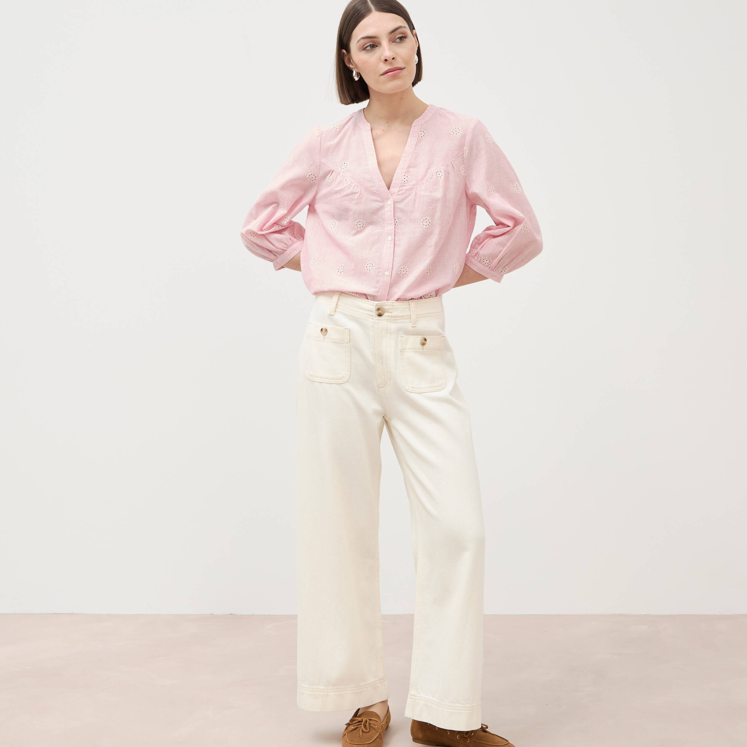 Jeans loose cropped taille standard ecru femme