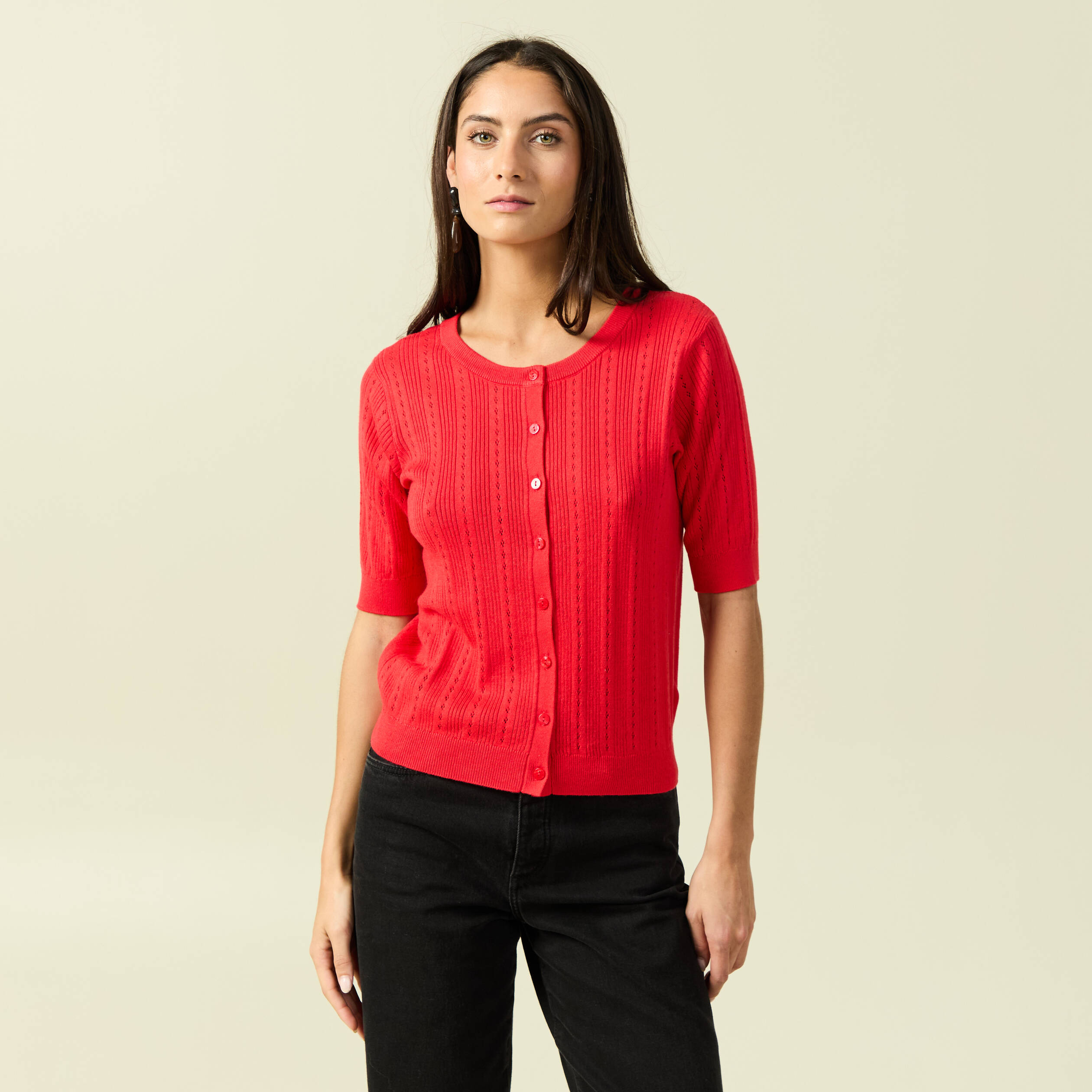 Gilet manches coude col rond rouge fonc&eacute; femme