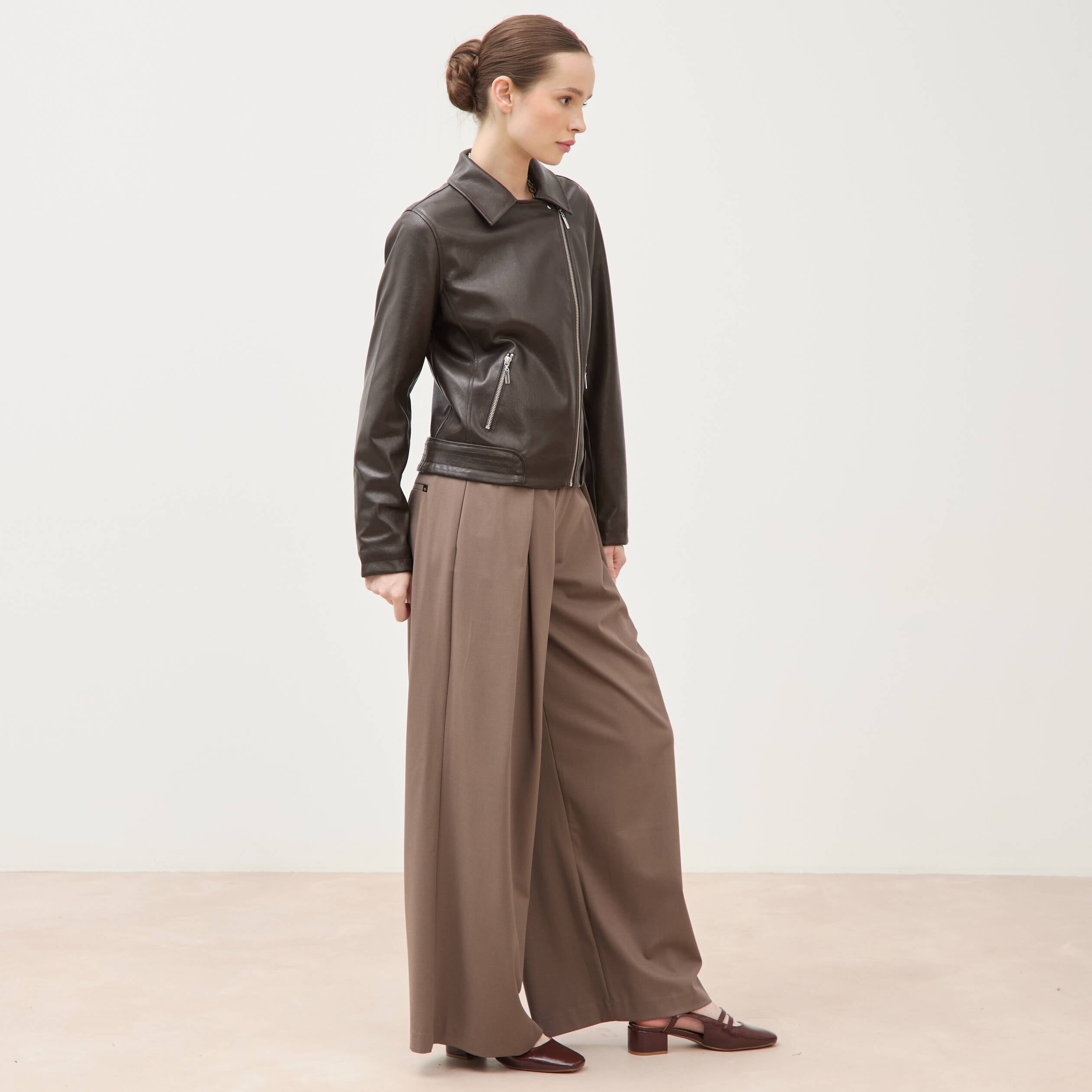 Perfecto manches longues similicuir marron fonc&eacute; femme