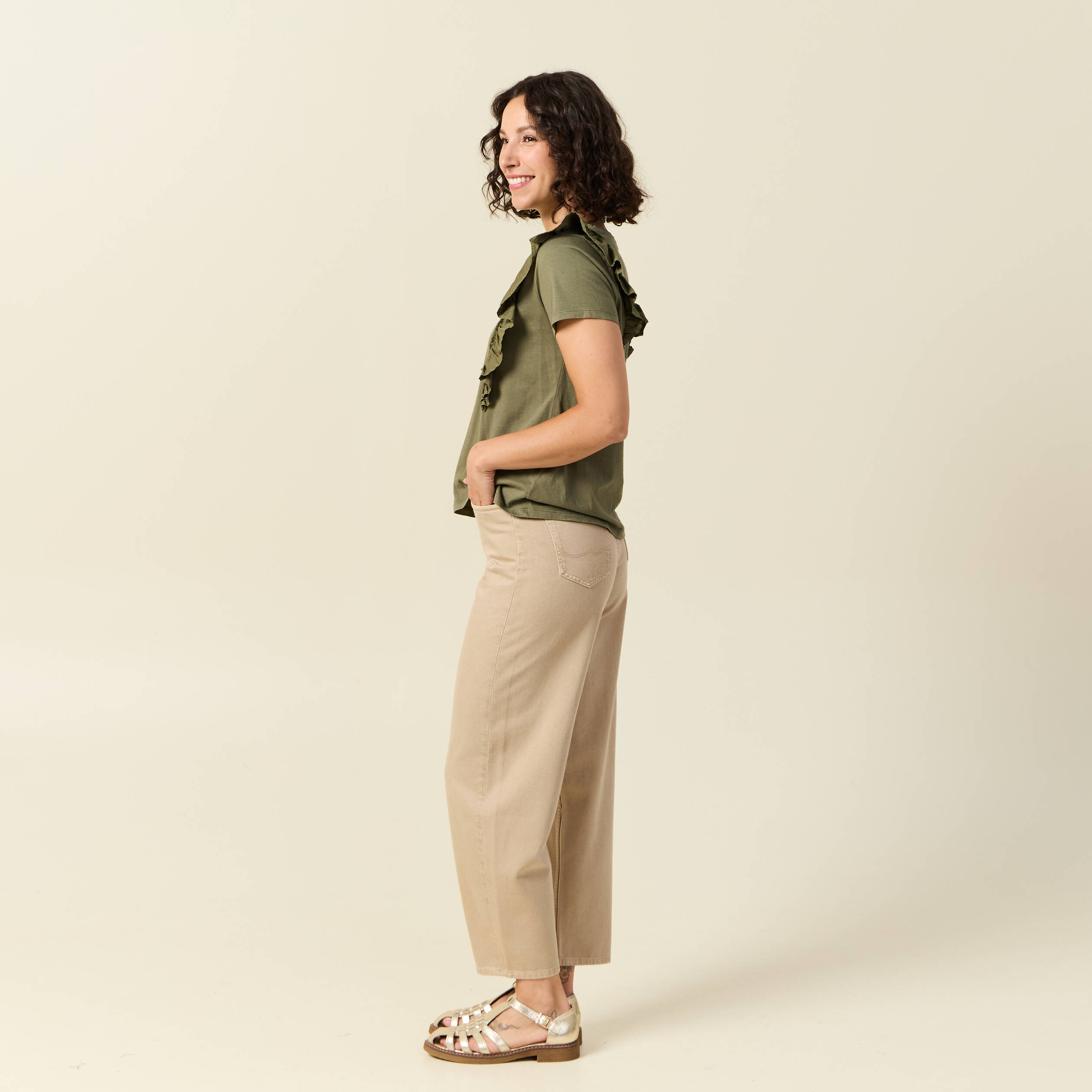 T-shirt en coton manches courtes vert kaki femme