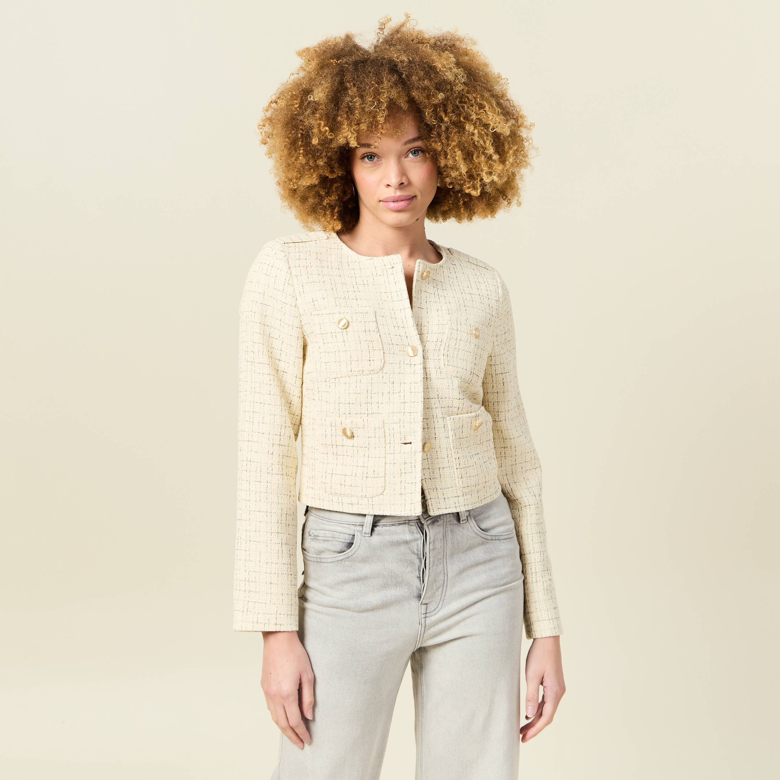 veste tweed courte jaune pastel femme Veste tweed courte jaune pastel femme
