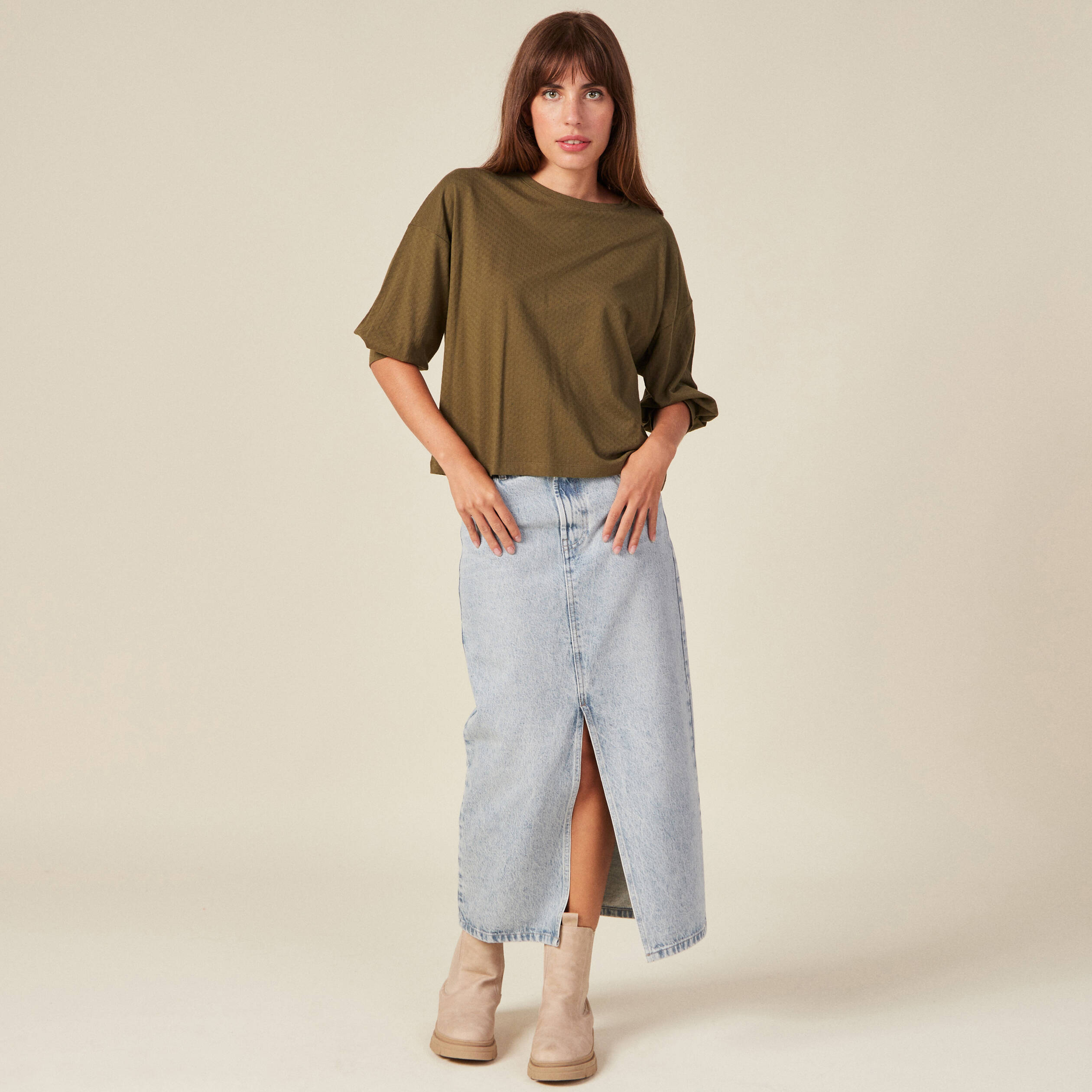 t shirt manches 34 vert kaki femme T-shirt manches 3/4 vert kaki femme