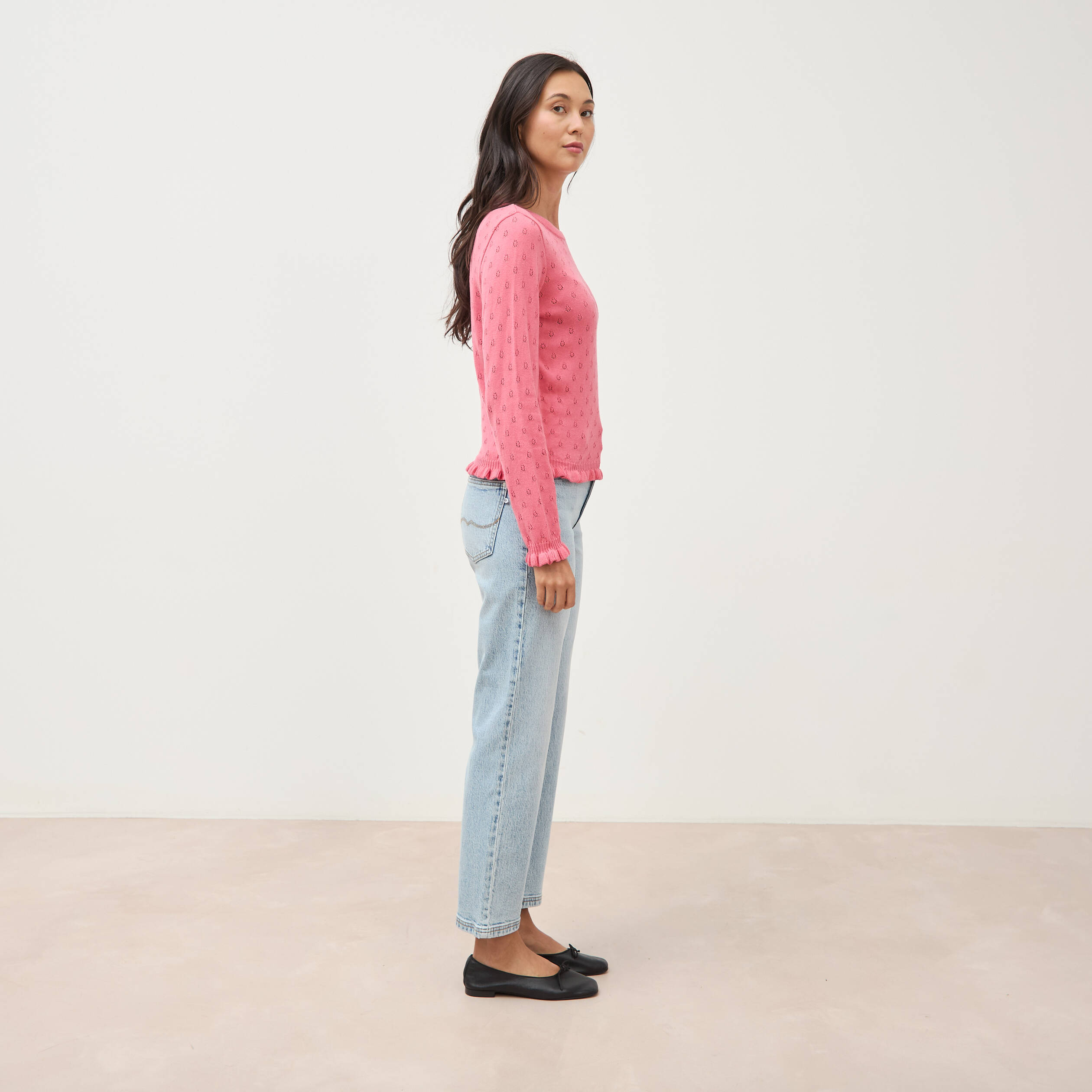 Pull droit col rond manches longues vieux rose femme
