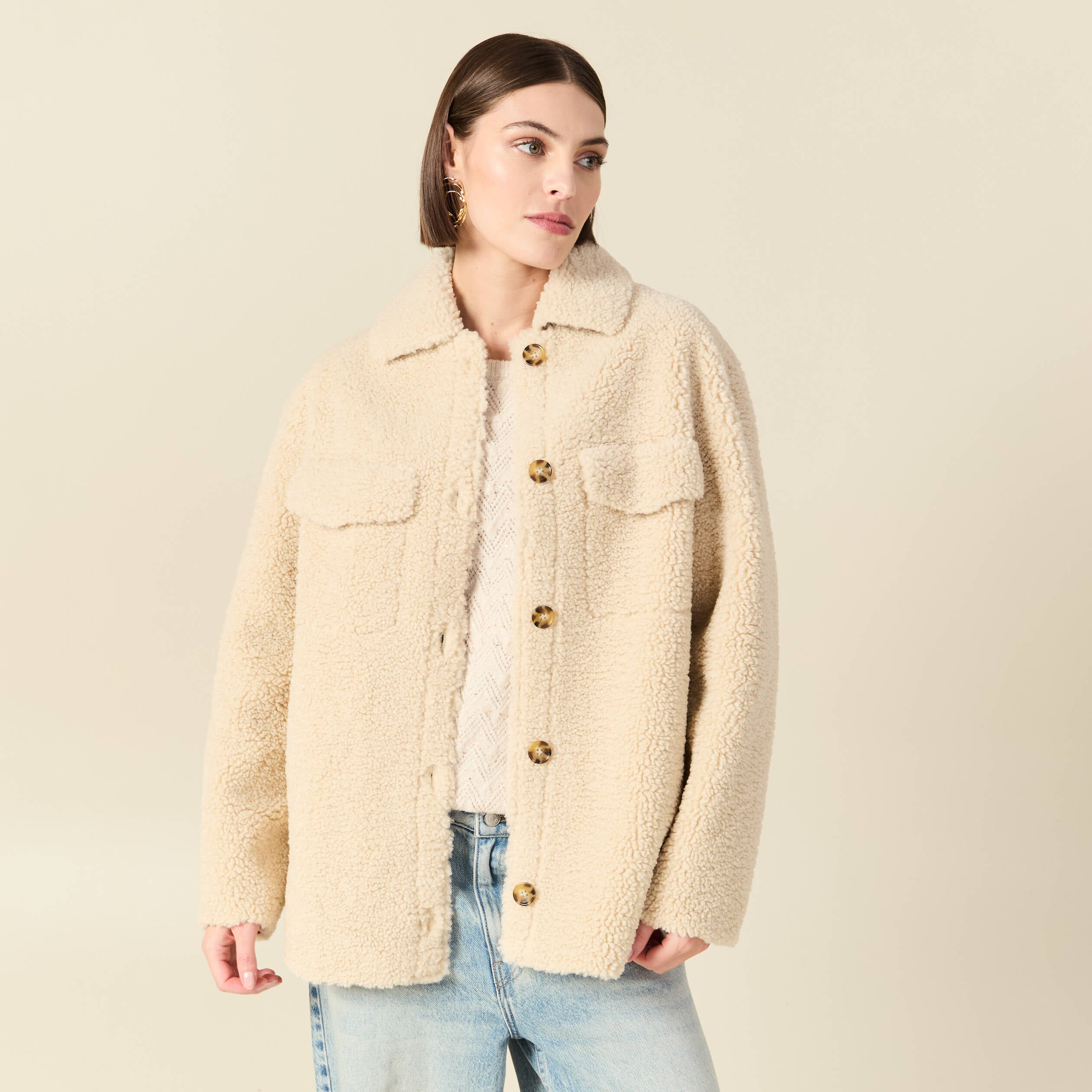 Manteau surchemise droit creme femme