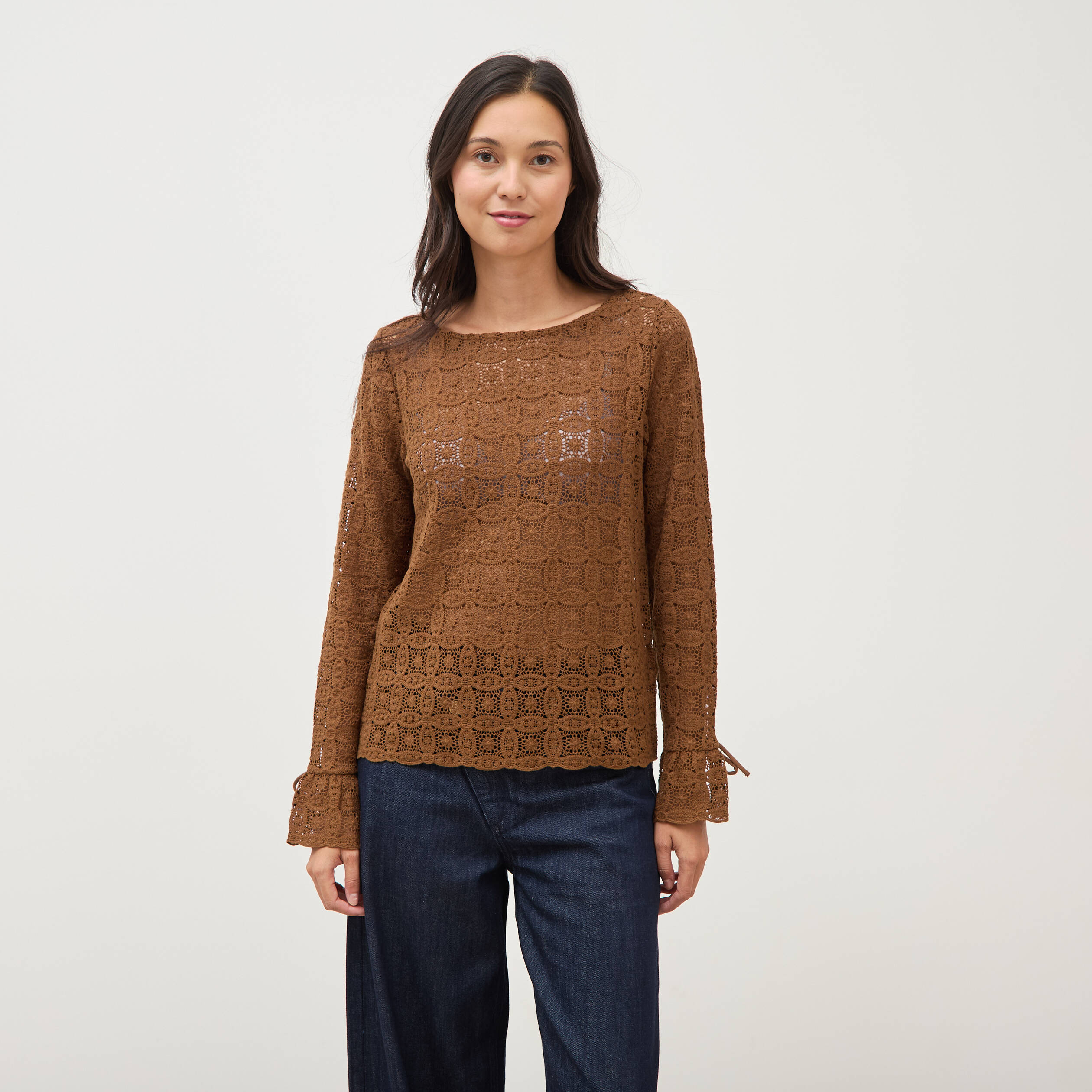 T-shirt manches longues en dentelle marron femme