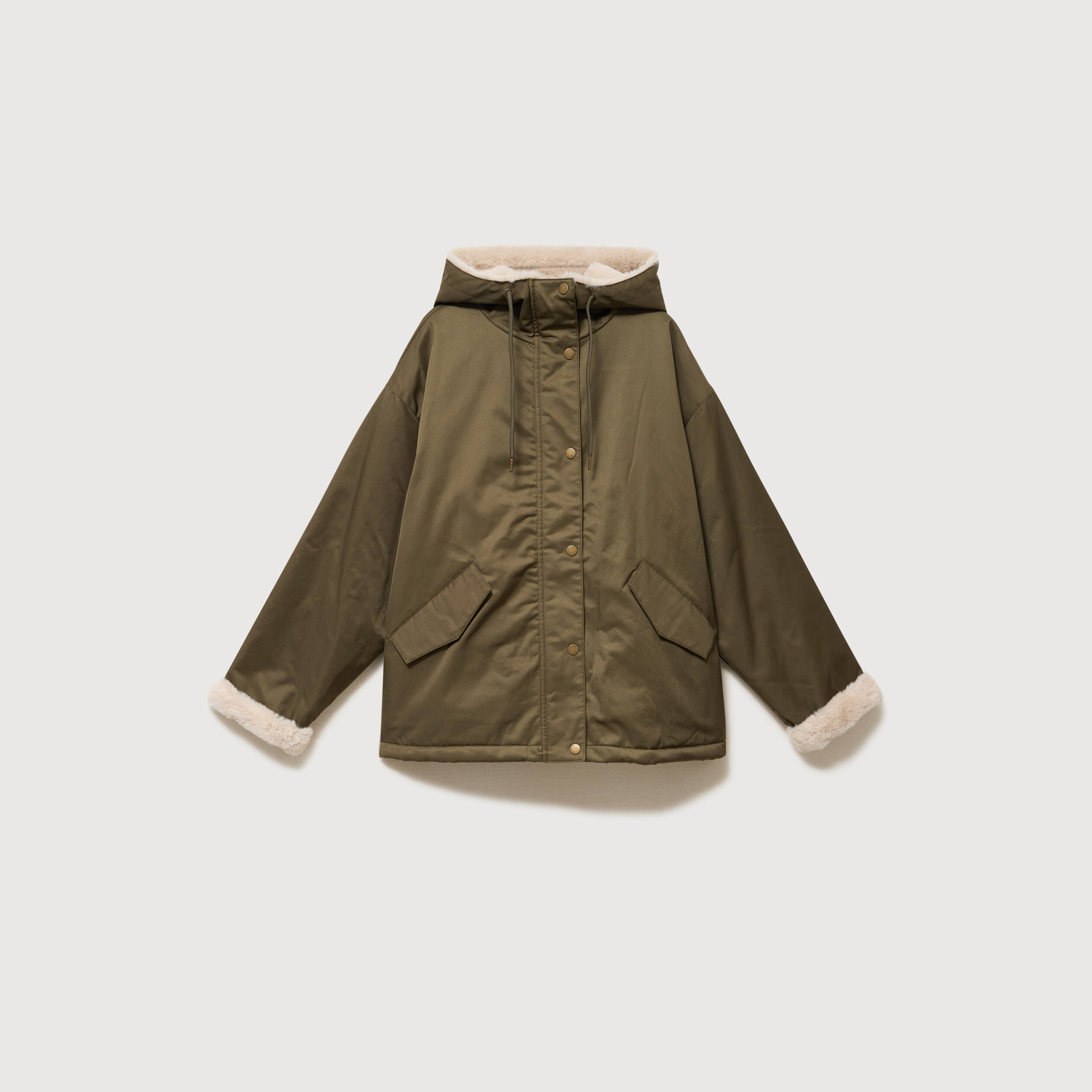 Parka oversize courte &agrave; capuche vert kaki femme