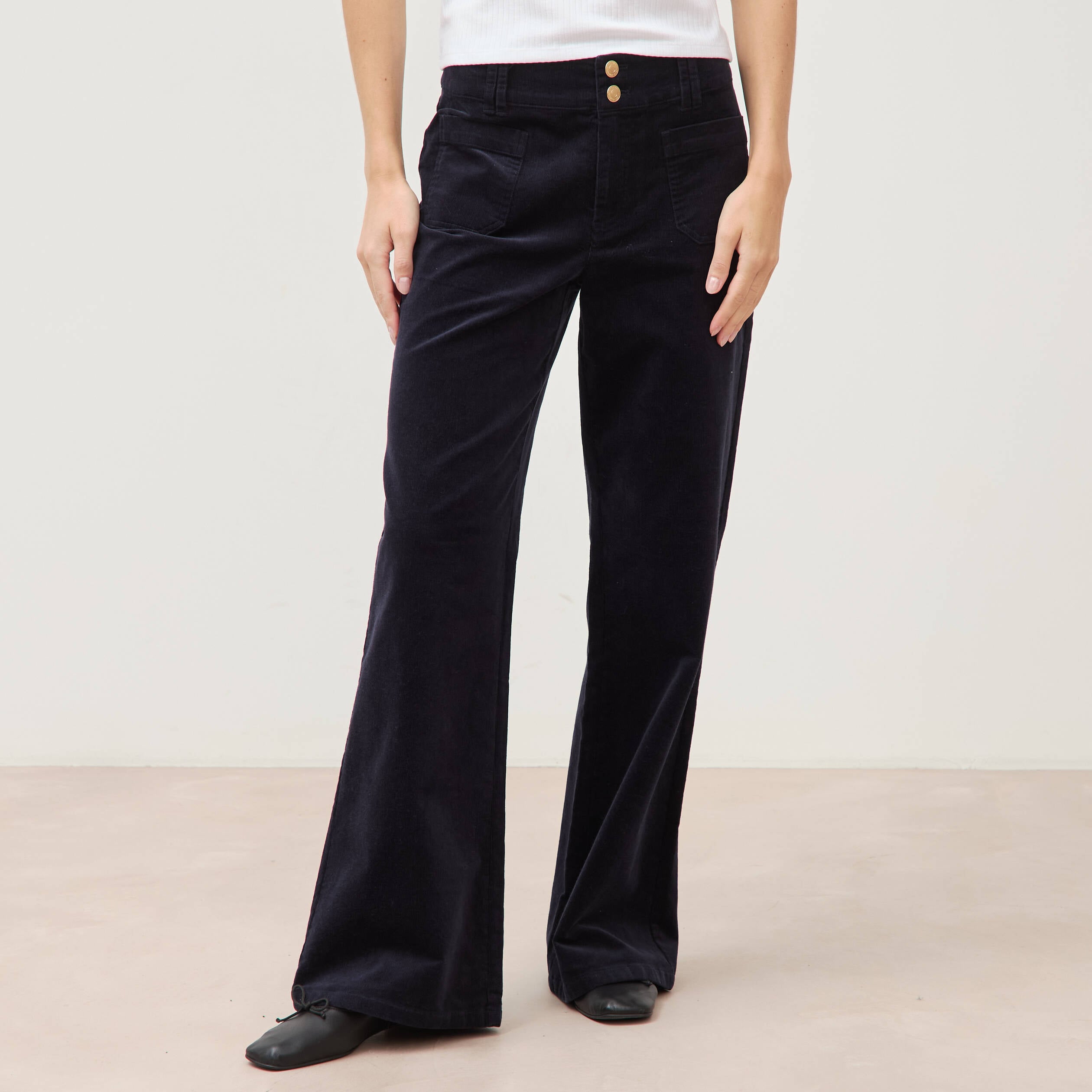 Pantalon flare taille haute en velours bleu fonc&eacute; femme