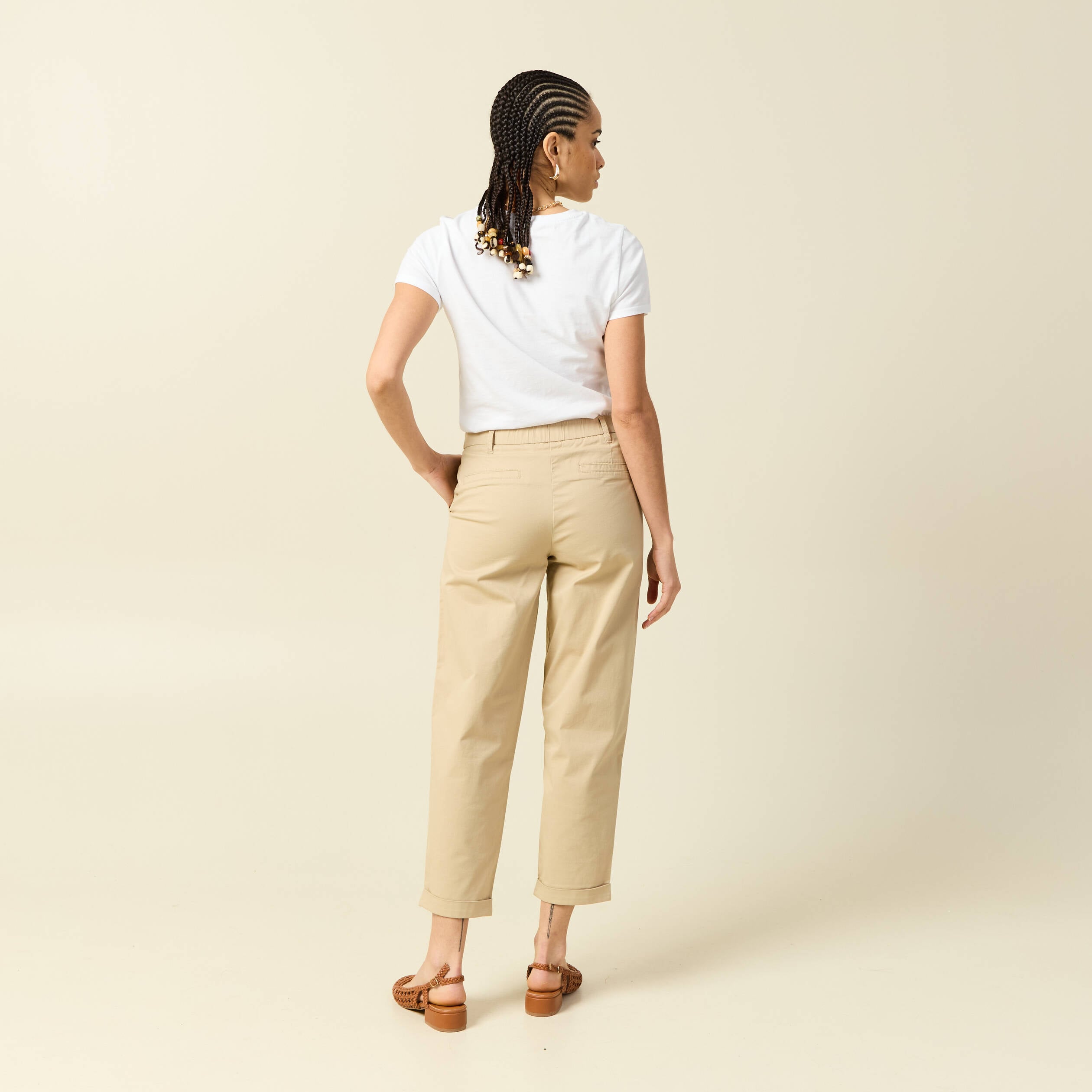 Pantalon taille haute fluide marron clair femme