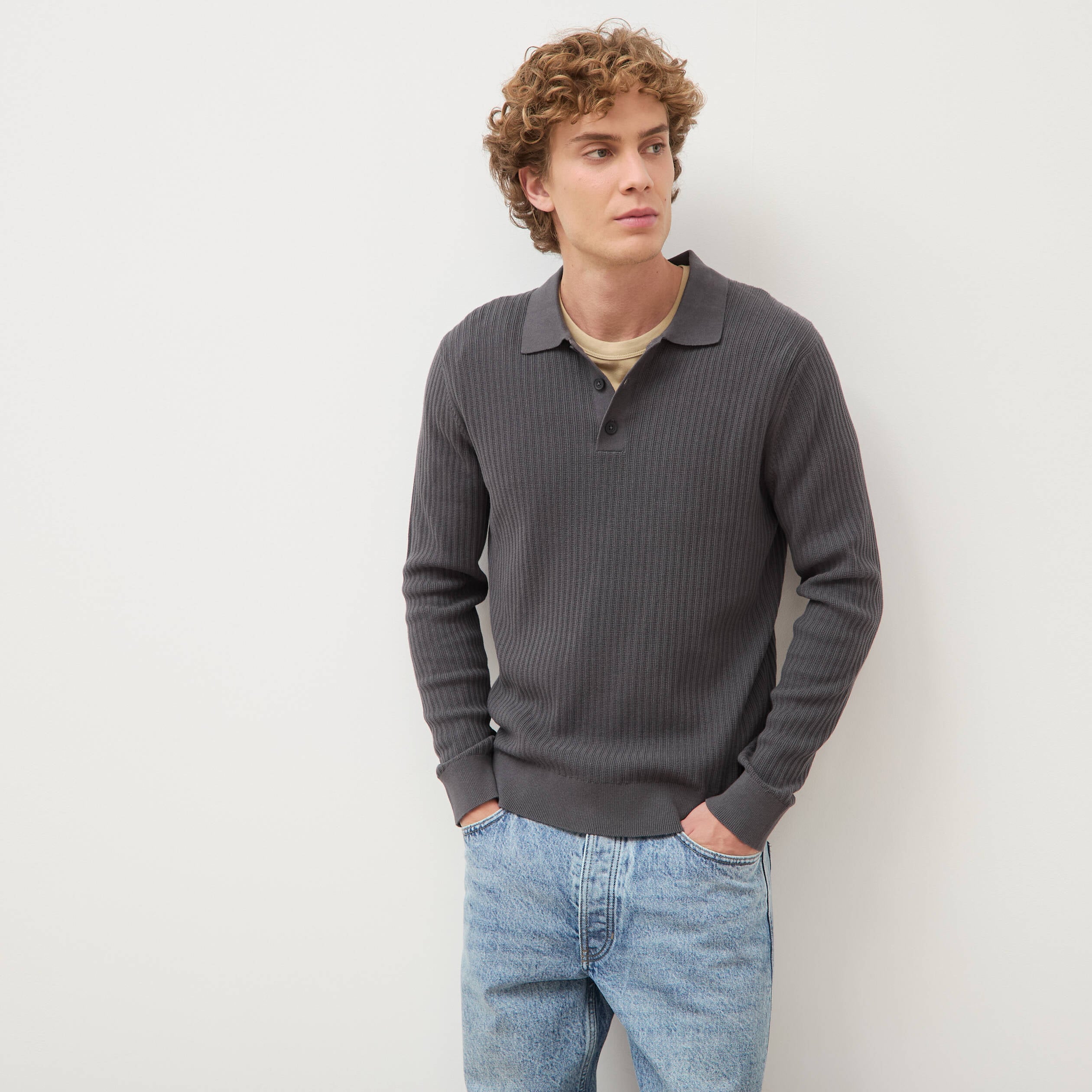 Pull manches longues en coton gris fonc&eacute; homme