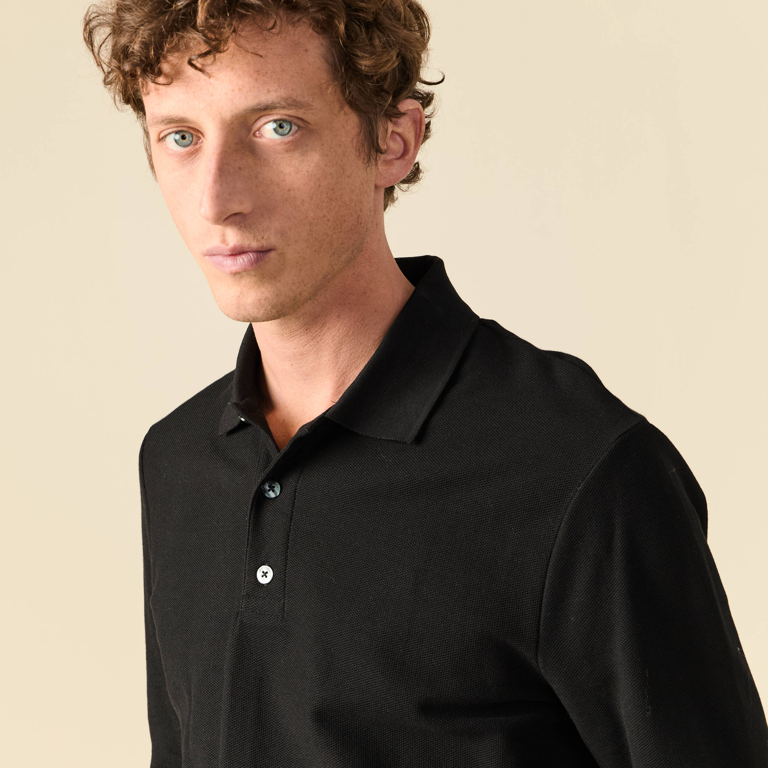 Polo manches longues en coton noir homme