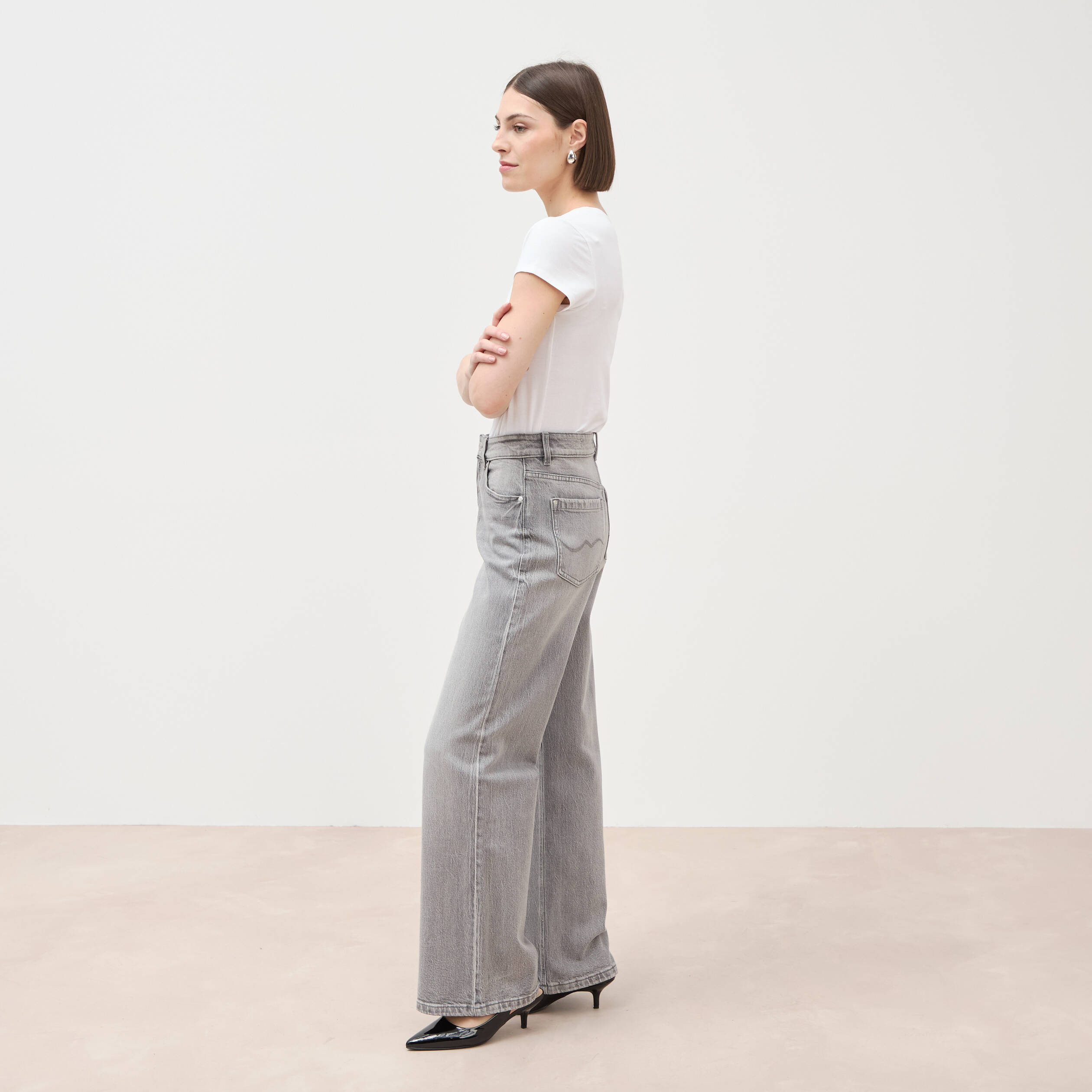 Jeans large taille haute denim gris femme